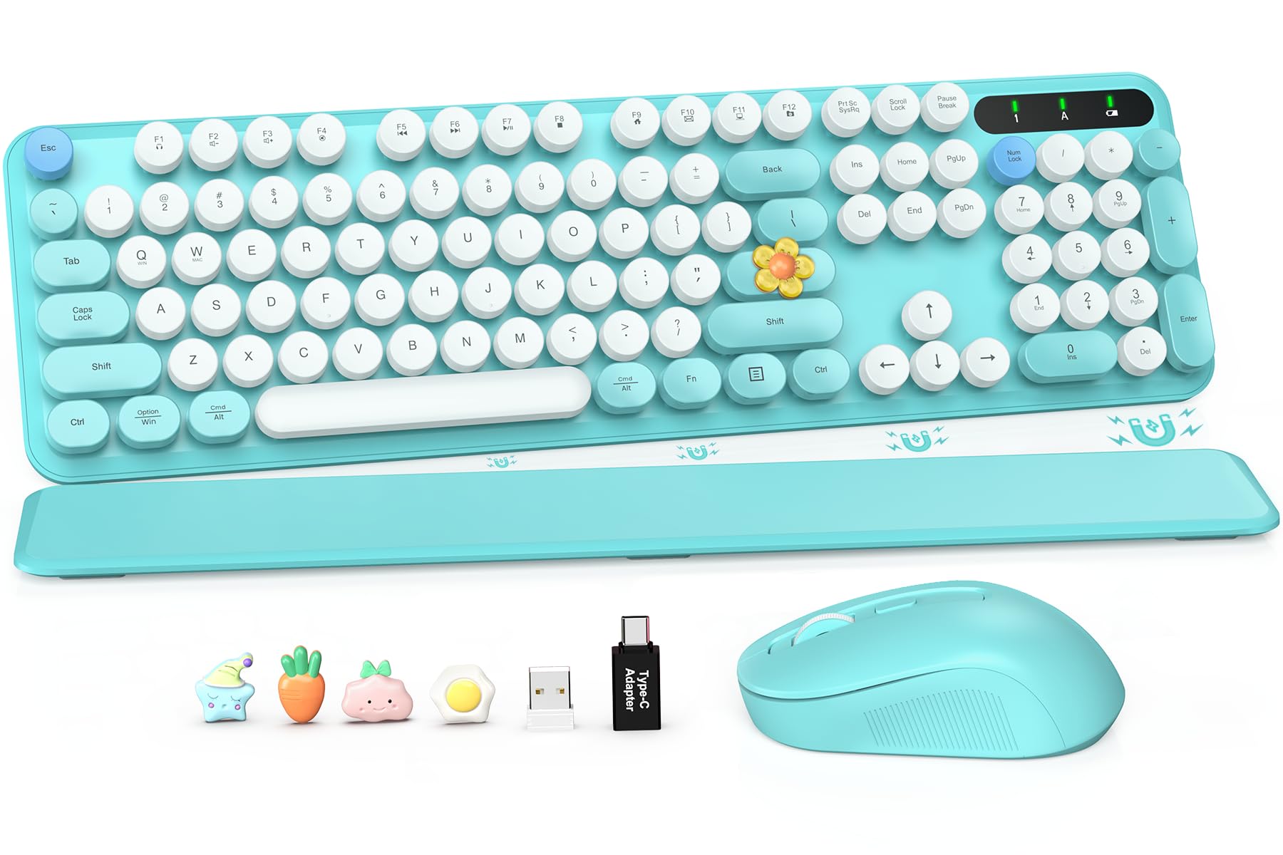 Wireless Keyboard and Mouse Combo, Full-Size Retro Typewriter Keyboard with Detachable Wrist Rest, Round Keycaps, Sleep Mode & Tilt Legs, 2.4GHz Cordless Connection for Windows/PC (Robin Egg Blue)