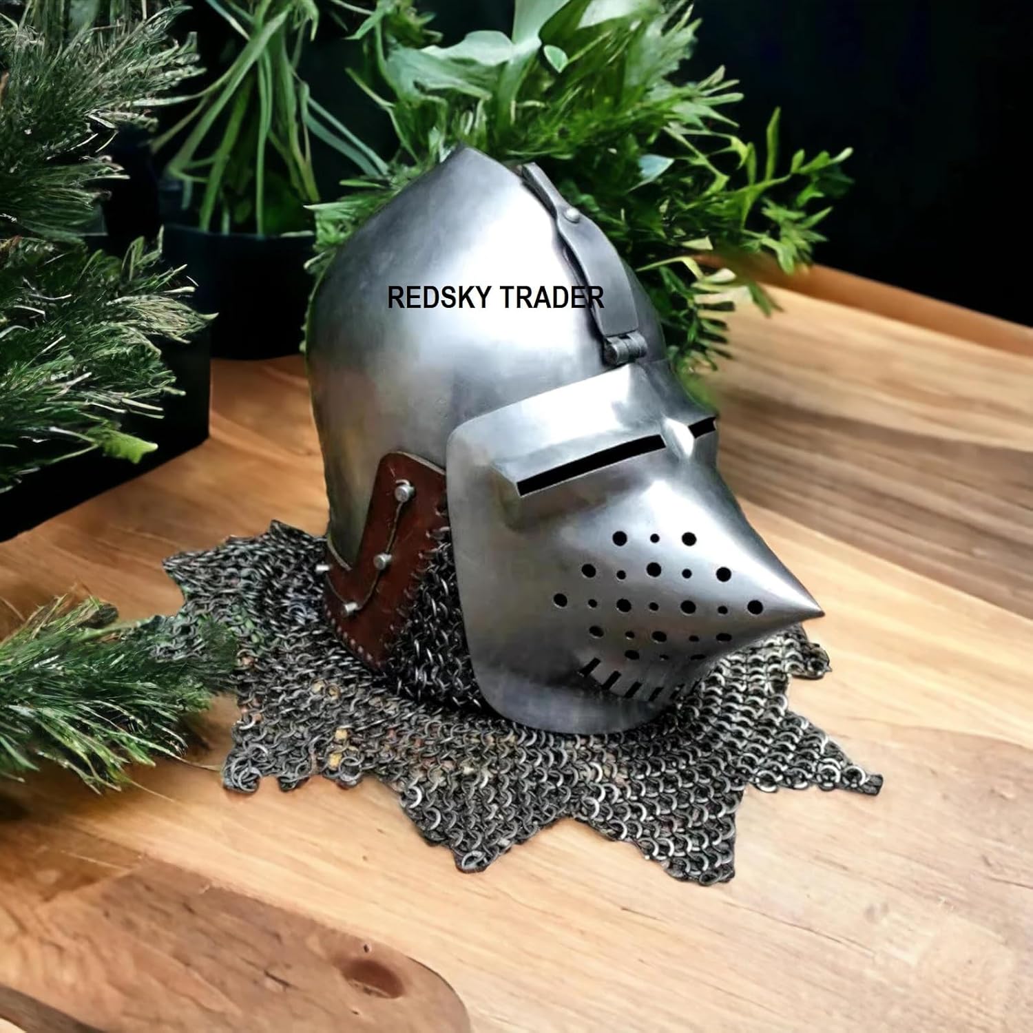 Medieval Bascinet Helmet with Houndskull Visor – Knight Crusader Armor with Chainmail Halloween Costume