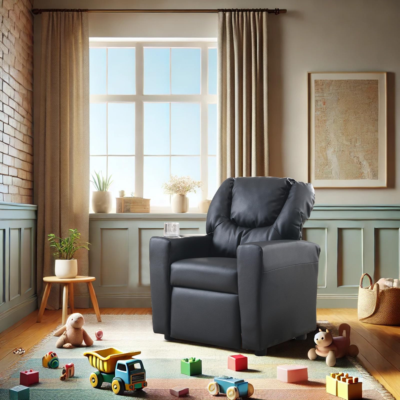 Kids Recliner Chair, Kids Upholstered Couch with One Cup Holder, Footrest, Backrest, Toddlers Velvet Recliner with Headrest and Footrest