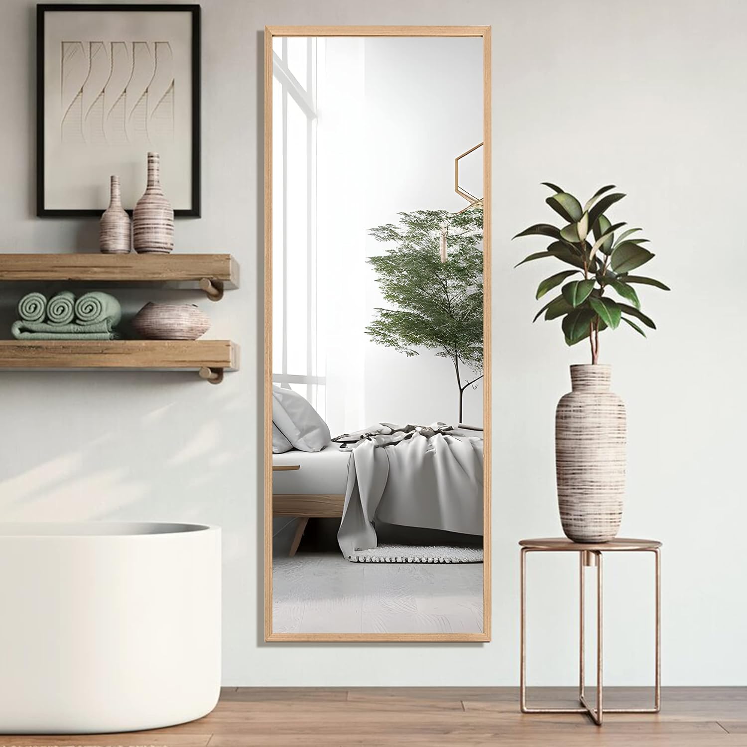 neutype full length mirror floor mirror with standing holder bedroom/locker room standing/hanging mirror dressing mirror wall-mounted mirror (natural wood) (amzvcntjj00360zzd-zyf)