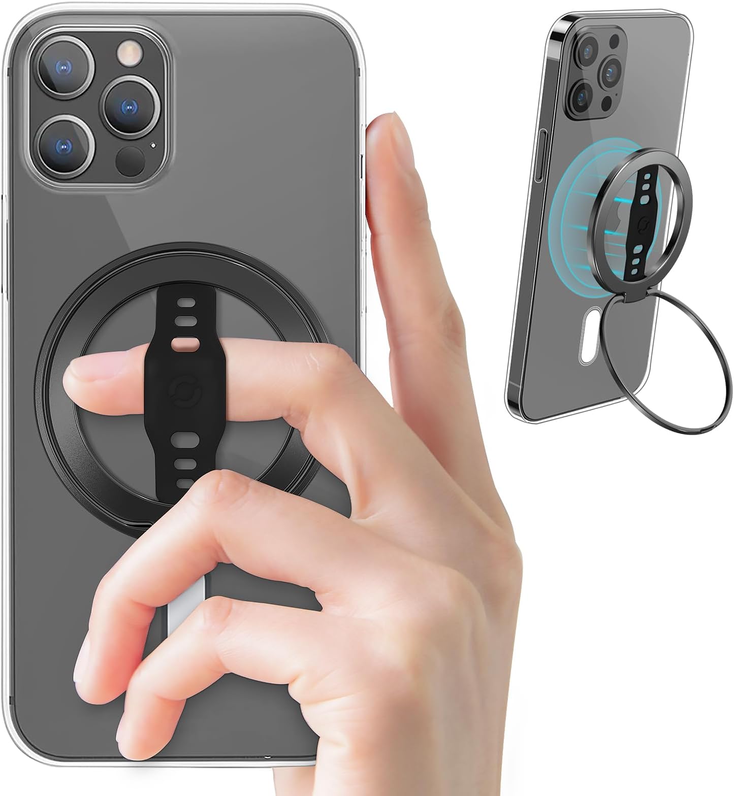 EWA The New MagOne (Upgrade) Compatible with MagSafe Phone Grip Stand with Silicone Finger Strap, Removable Magnetic Ring Holder Kickstand Loop, Only for iPhone 14, 13, 12 Pro/Max/Plus (Black)