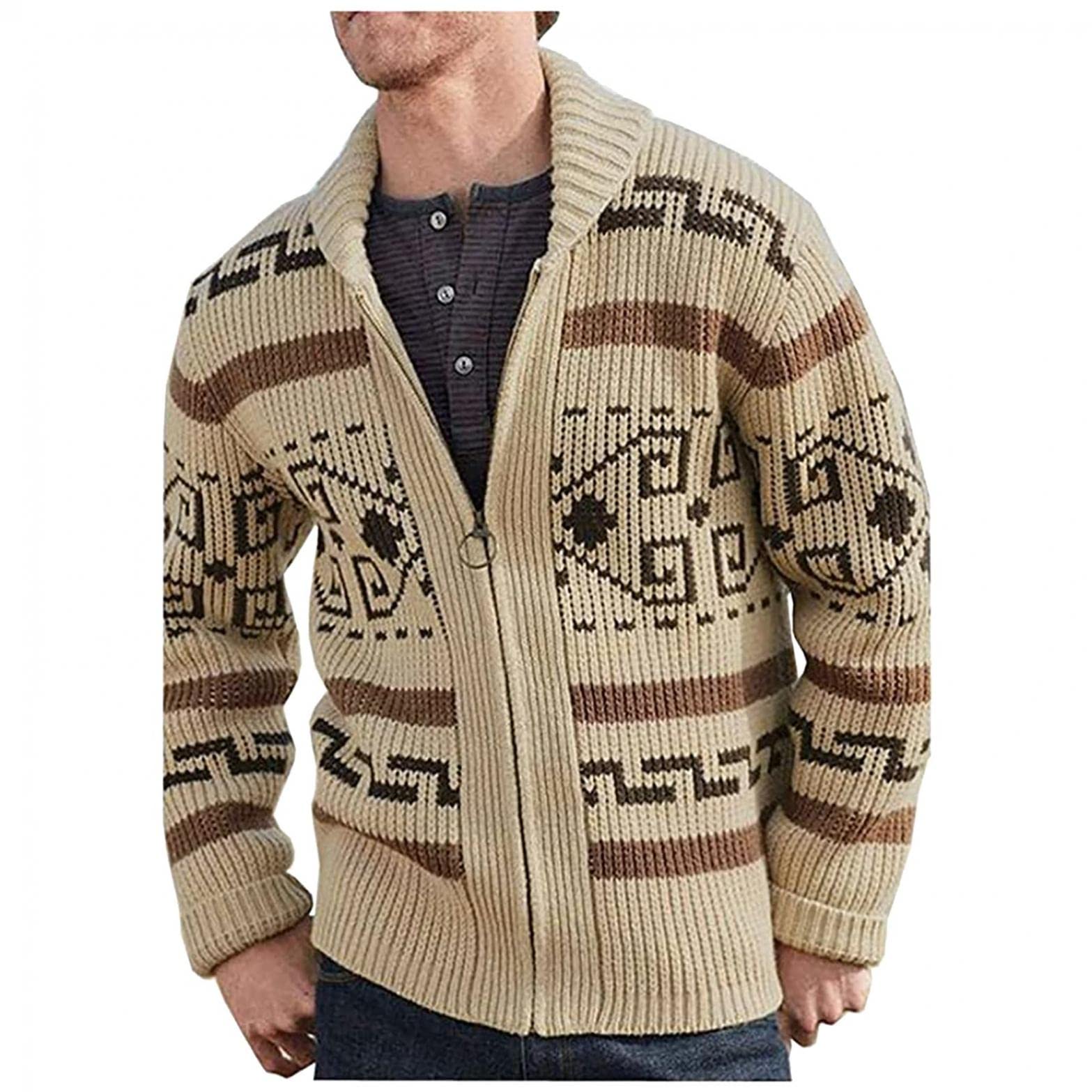 CenlangMens The Dude Zip Up Cardigan Sweaters Shawl Collar Open Front Cable Knitted Cardigans Jackets Slim Fit Vintage Coat