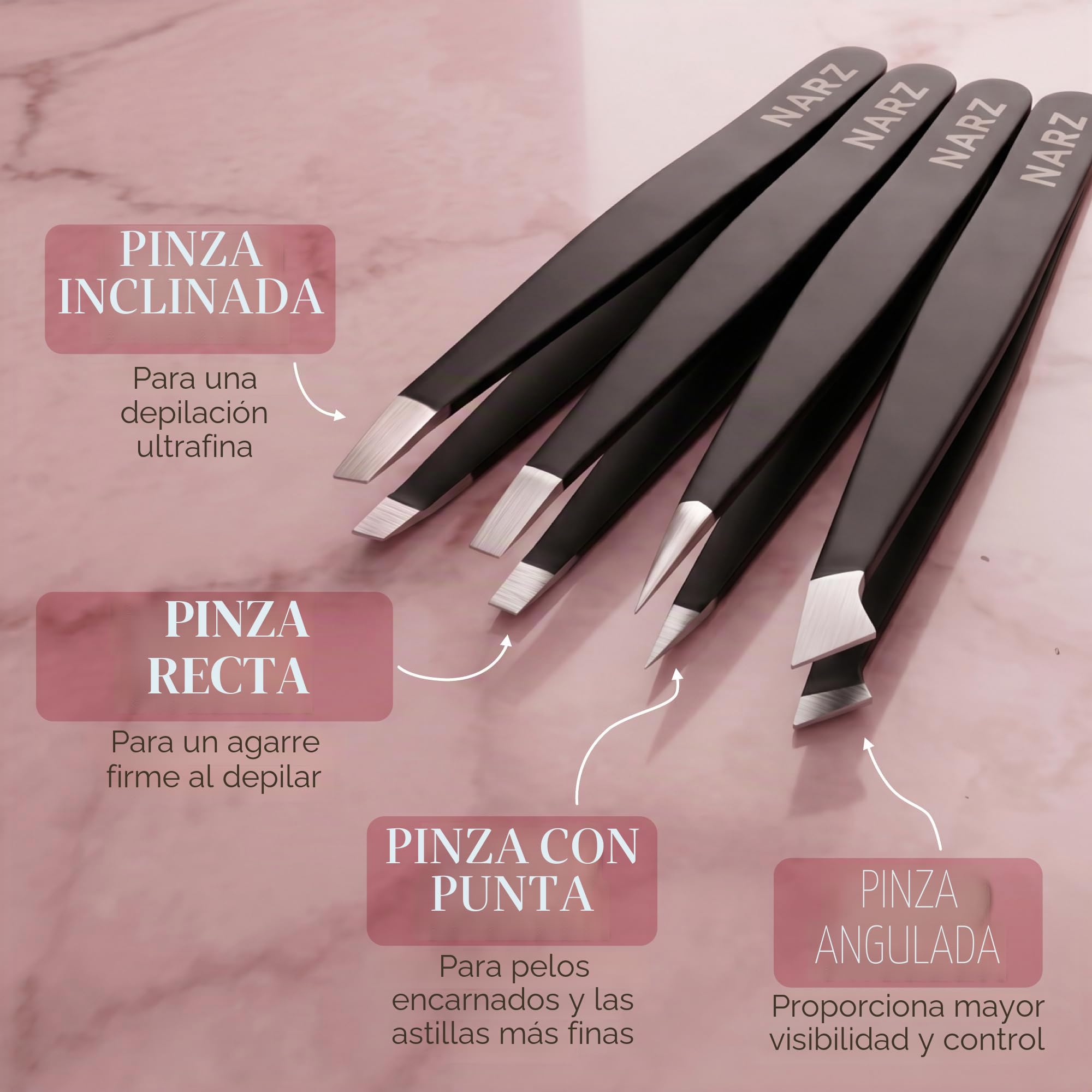 NARZ pinzas Depilar Profesionales Para Vello Facial Mujeresy Hombres, Pinzas de Pelo Precisión de Acero Inoxidable pinzas Para de Cabello Encarnado (4 Piezas)