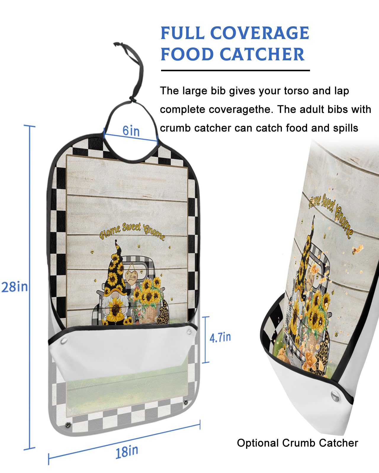 Sunflower Adult Bibs for Eating, Waterproof Bibs with Food Catcher & Adjustable Snap Closure, Farmhouse Black White Plaid Truck Wood Washable Clothing Protectors Adult Bibs for Elderly Women/Men