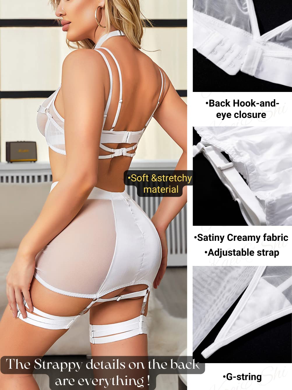 Kaei&Shi Garter Lingerie for Women, Strappy High Waisted Skirt G String 4 Piece Sexy Exotic Lingerie Outfits Set Boudoir