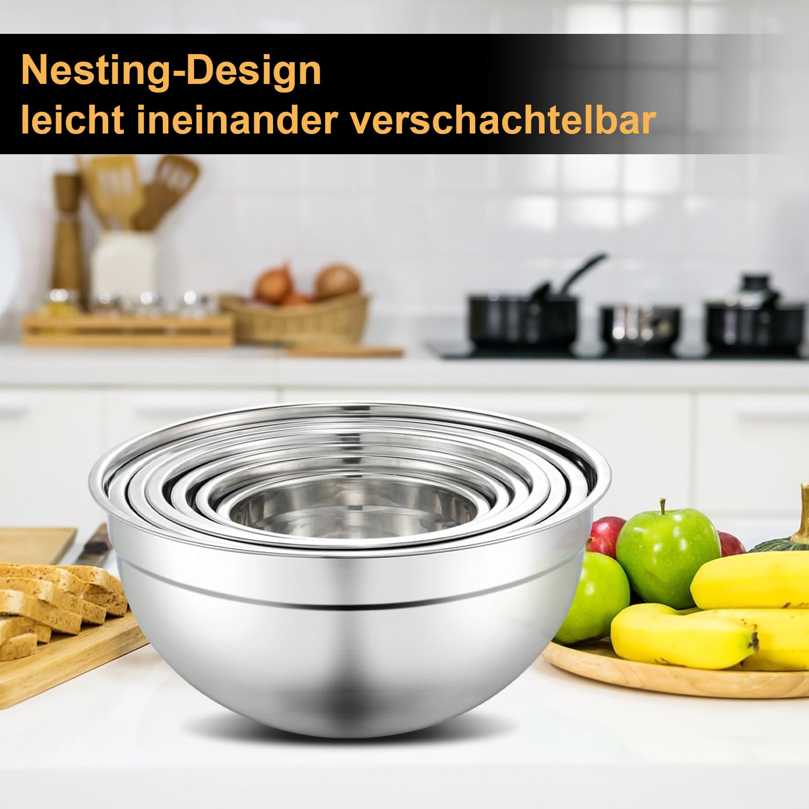 hunnycook Set de 7 saladier avec couvercle,Saladier en acier inoxydable avec couvercle 5L,4.5L,4L,2.4L,1.7L,1.25L,0.8L,Ensemble de saladier empilables,Lavable au lave-vaisselle