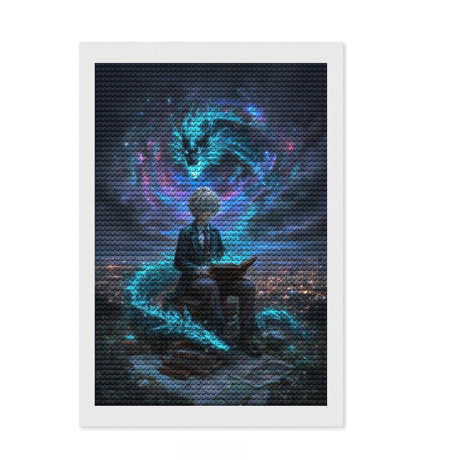 Junmoney Boy Reading with Dragon Spirit Diamond Art Canvas 8"x12", Neat Printed Canvas, Mindful Craft Activity, Cosy Home Accent, Festive Craft Gift
