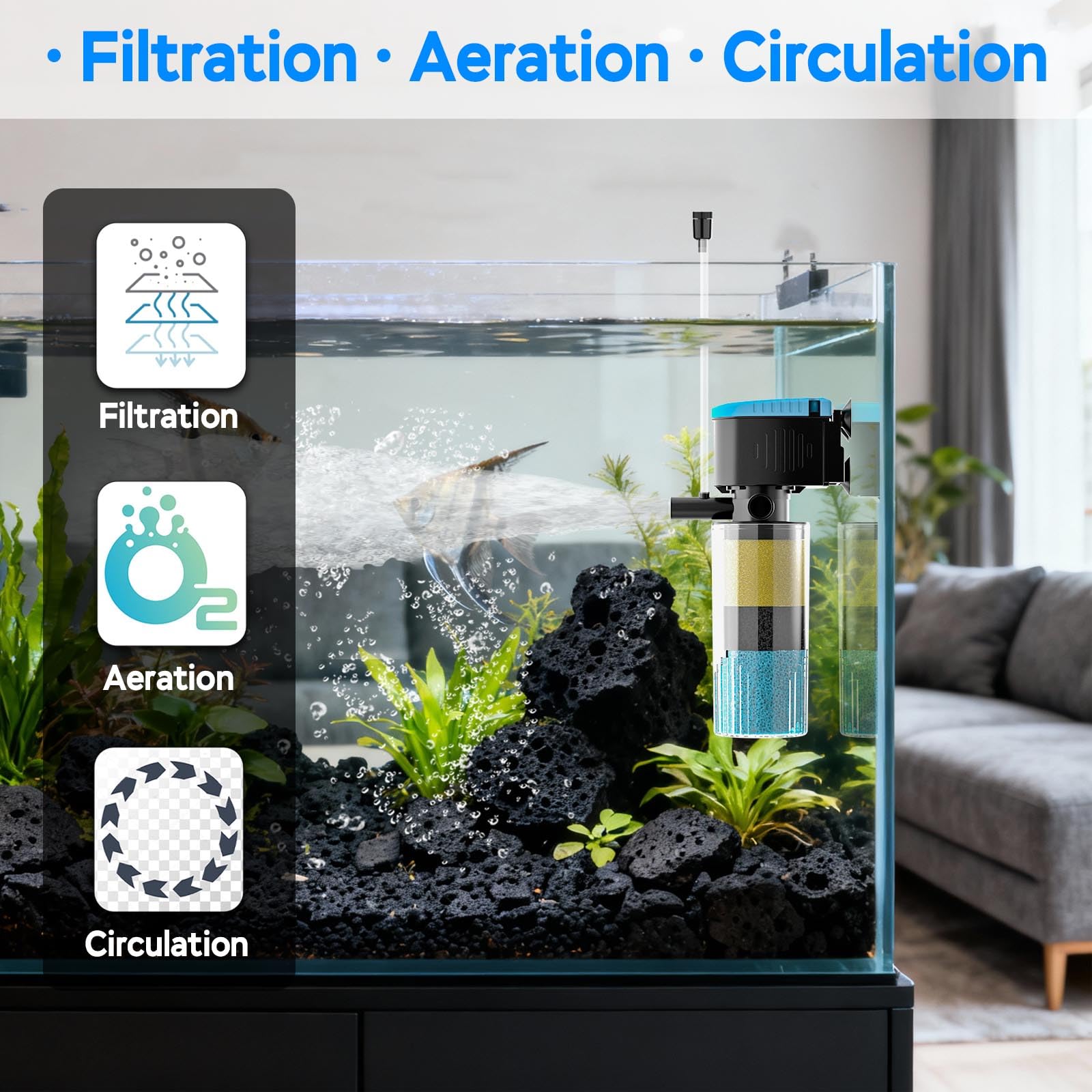 AquaMiracle Filtro interno de acuario de 130 GPH, filtro de tanque de peces de 3 etapas con salidas dobles y aireación, filtro de tortuga sumergible para tanques de 10 a 30 galones