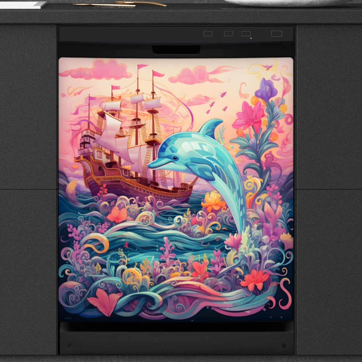 Painted Dolphin Sailing Flower Dishwasher Magnet Cover Reusable Decorative Magnetic Door Cover Dishwasher Covers for The Front Magnetic Kitchen Refrigerator Appliance Decor 23 x 26 Inches
