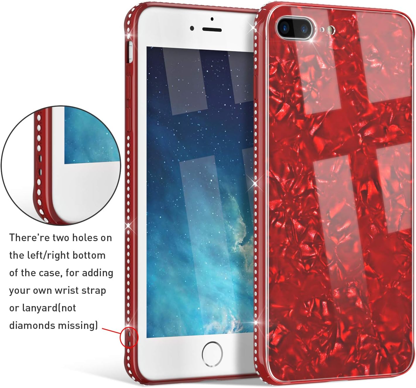 UEEBAI Case for iPhone SE 2020 iPhone 7 iPhone 8, Ultra Slim Inlaid Glitter Diamante Tempered Glass Back Case Flexible TPU Bumper Case Shell Design Anti-Scratch Glossy Shockproof Cover - Red