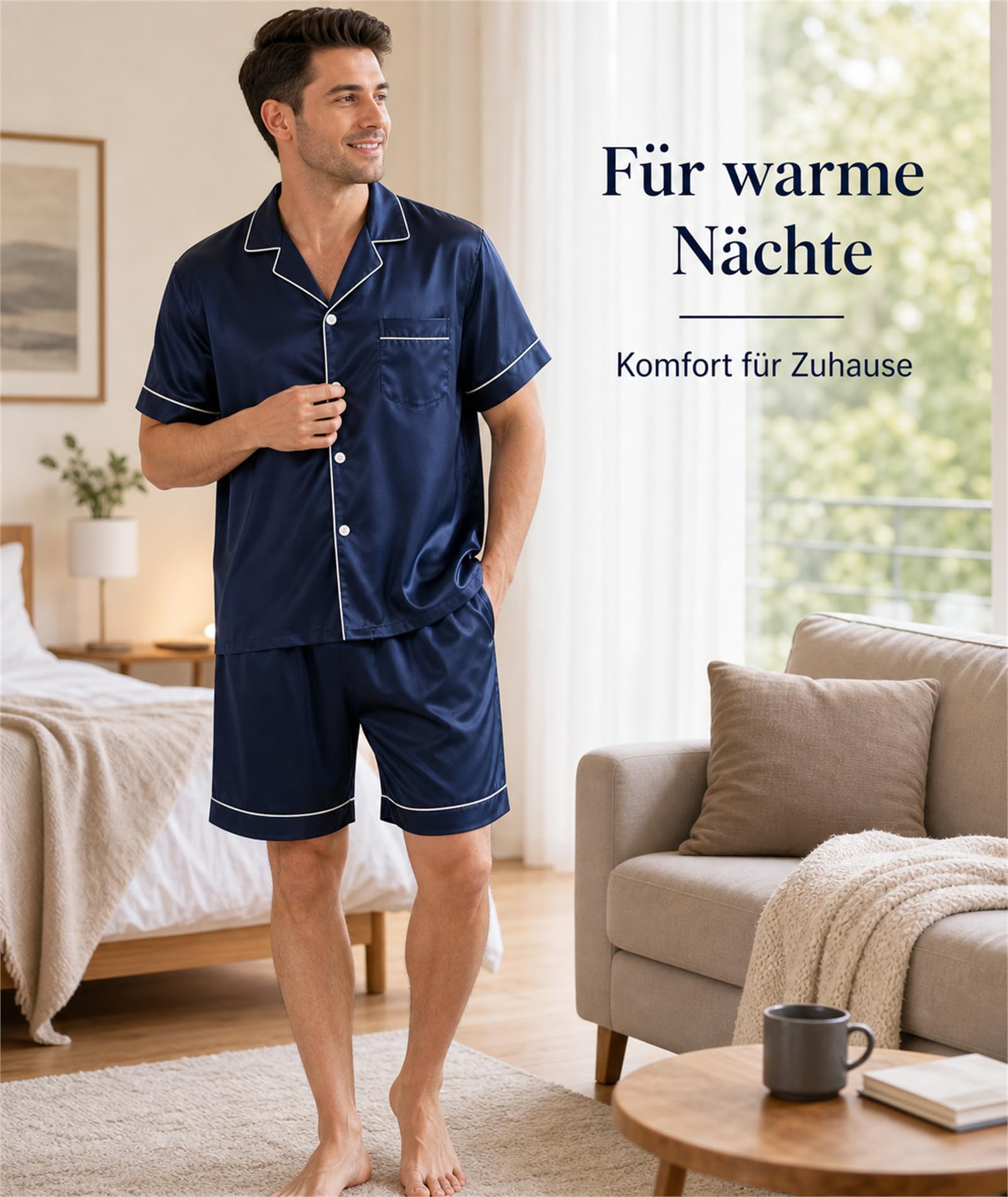 Ensemble pyjama en soie pour homme à manches courtes – Pyjama en satin, respirant et élastique, ensemble de pyjama deux pièces pour dormir et à la maison