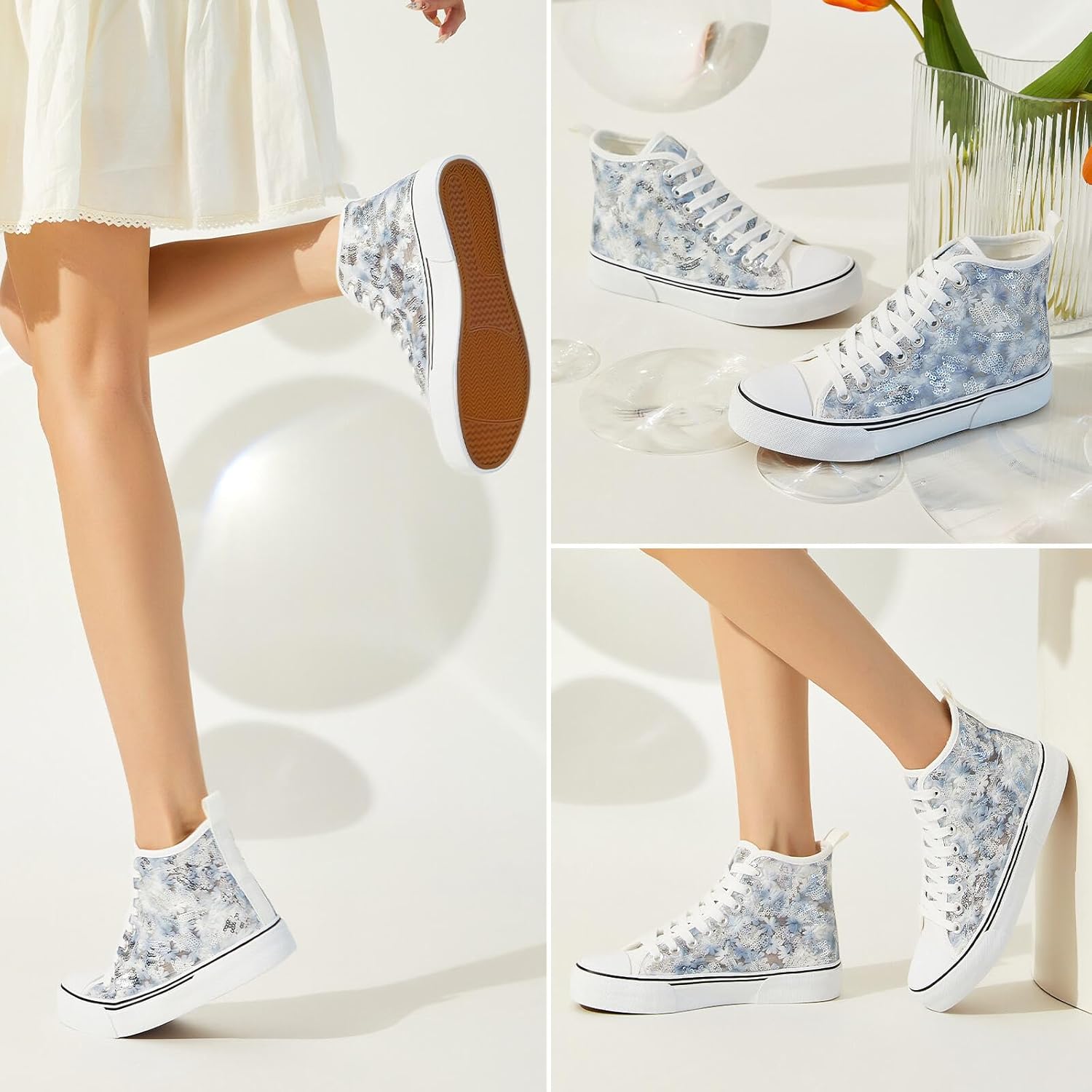 kufeiti Women's High Top Canvas Sneakers Canvas Shoes Lace up White Black Sneakers Casual Walking Shoes - Image 2