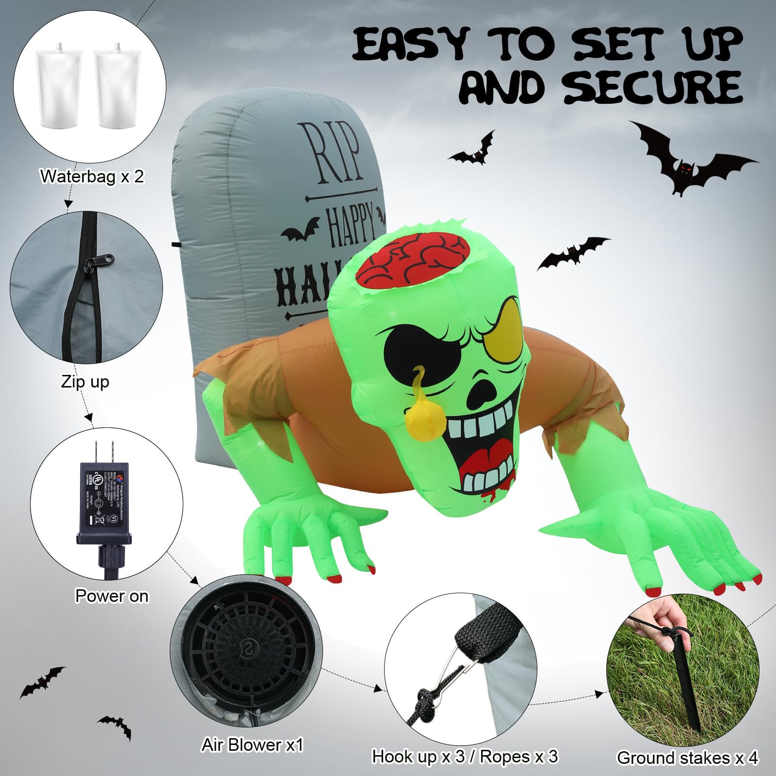BLOOMWIN Gonfiabili Decorazioni Halloween Esterno - 2,6 x 1,5m Zombie & Lapidi Halloween Decorazioni Horror con Luci LED 12V per Addobbi Natalizi, Albero di Natale, Giardino Autunnali, Casa Interni