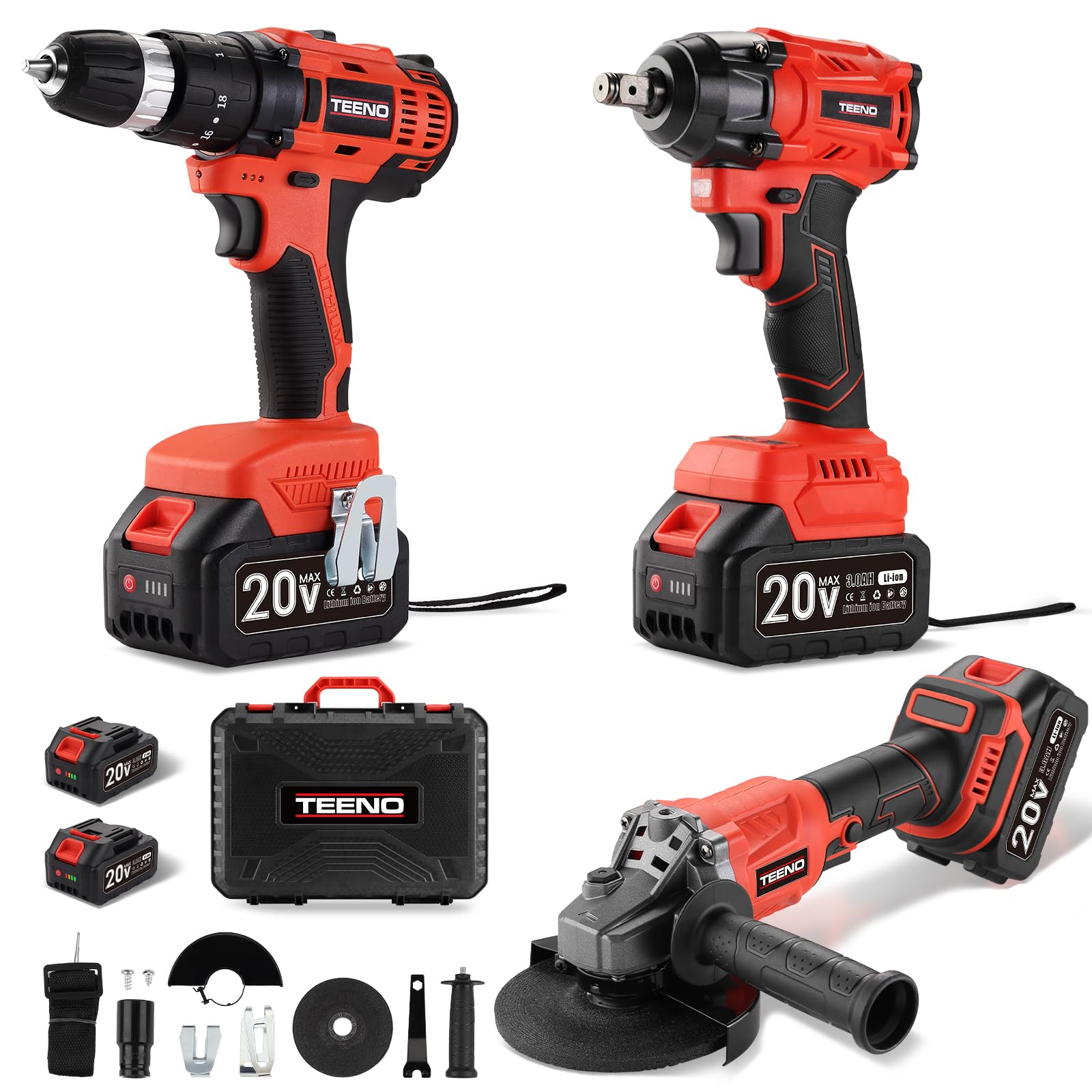 Kit utensili TEENO da 3 pezzi (avvitatore a impatto a batteria senza spazzole + trapano a percussione + smerigliatrice angolare senza spazzole), Batterie da 20 V e 3 Ah*2
