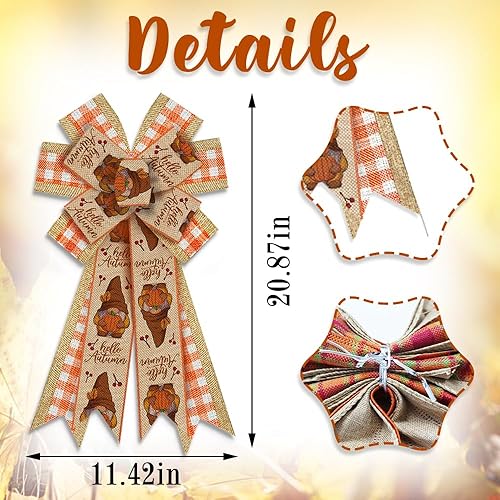 Miniatura 7 de Lazos grandes de otoño para corona, lazos de corona de cosecha de camión de Acción de Gracias, lazos de lana cuadriculada naranja para puerta