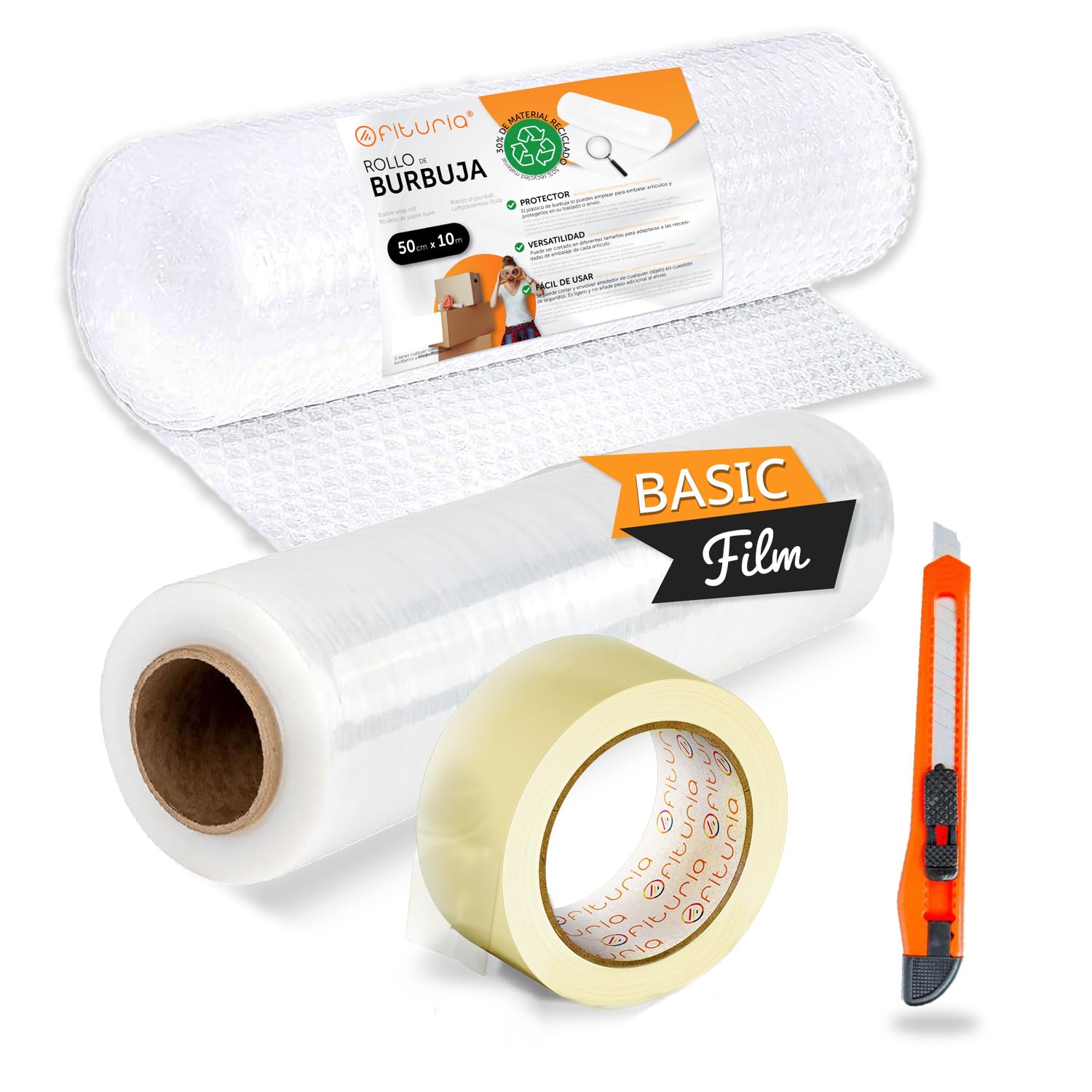 Cinta Adhesiva, Film Transparente y Rollo Burbujas para Embalaje de Cajas y Muebles, Kit de Embalaje Completo, Protección ideal para Envíos y Mudanzas - Ofituria (Kit Total)