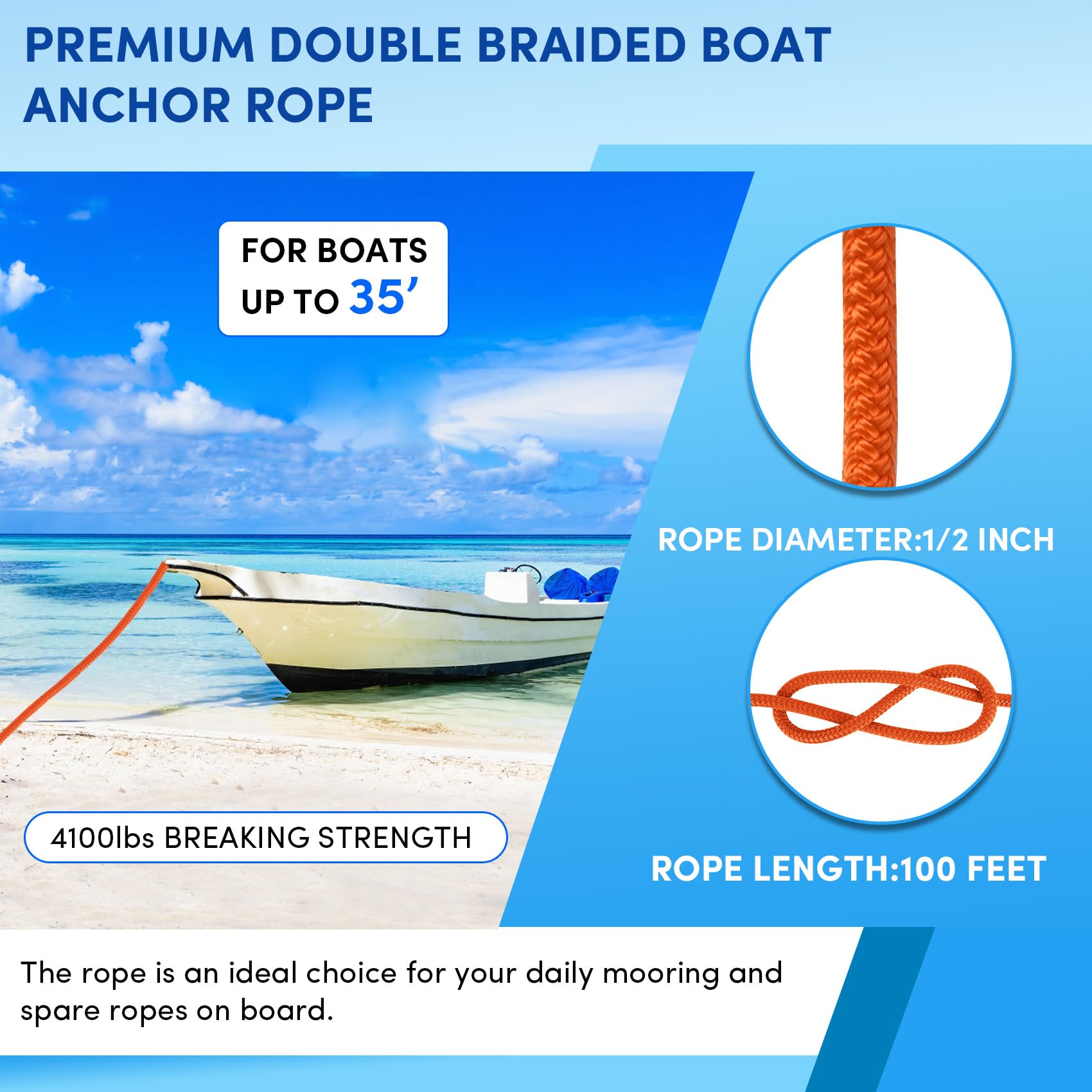 Bootsankerseil, 30,5 m x 1,27 cm, Orange, doppelt geflochtene Ankerleine mit Edelstahl-Fingerhut und Bügel, Marineseil, ideal zum Abschleppen, Festmachen, Decks, Verankern, für Boote bis zu 90