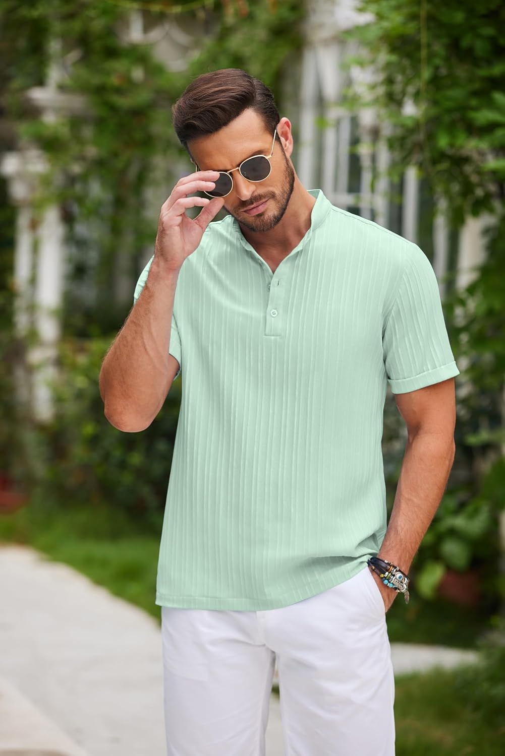 COOFANDY Men Casual Henley Tee Shirt Short Sleeve Band Collar Summer Beach Textured T-Shirt - Image 2