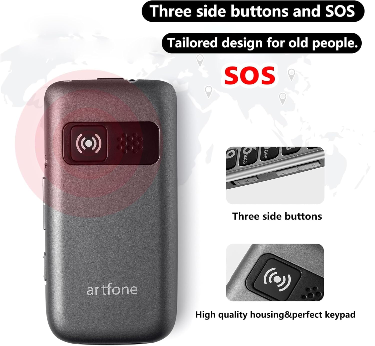 artfone G6 4G Flip Phone for Seniors⼁2.4 Dual-LCD⼁Big Button Cell Phone with SOS⼁Time Report⼁Speed Dial⼁Large Fonts⼁ 1300mAh Battery⼁USB-C Charging Dock– Grey