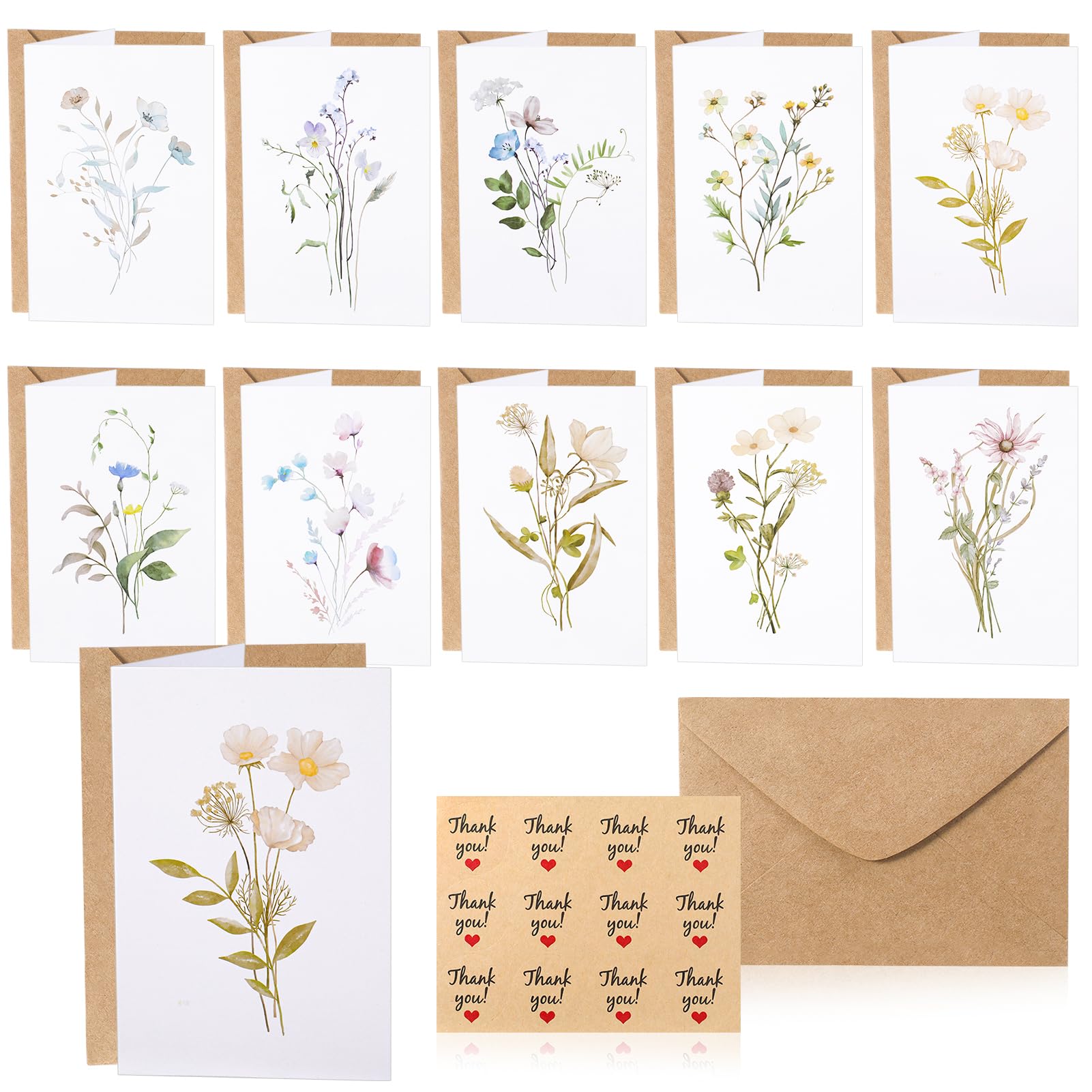 30 Pack Floral Blank Cards with Envelopes and Stickers, 10 Floral Designs, Envelopes Stationary Set Greeting Cards for Thank You, Wedding, Birthday, Invitations