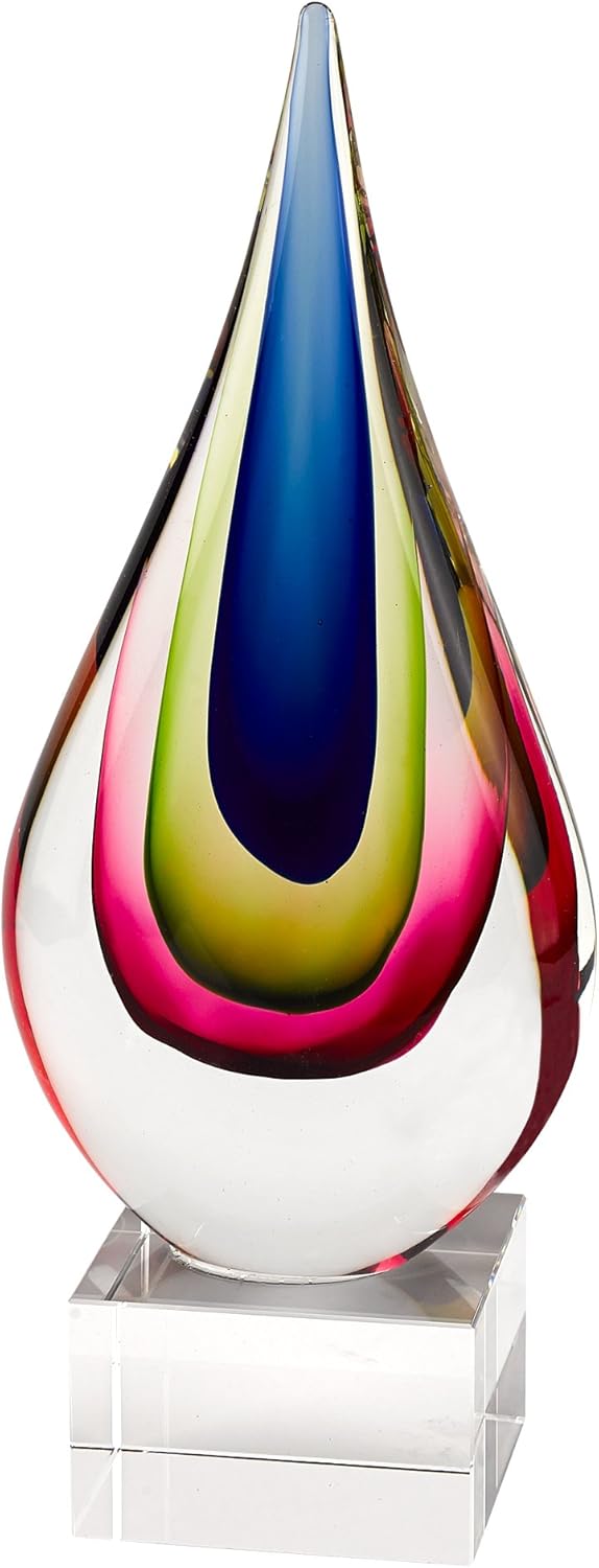 Elegant and Modern Murano Style Art Glass Colorful Centerpiece for Home Decor - Firestorm Teardrop, 12 Inches