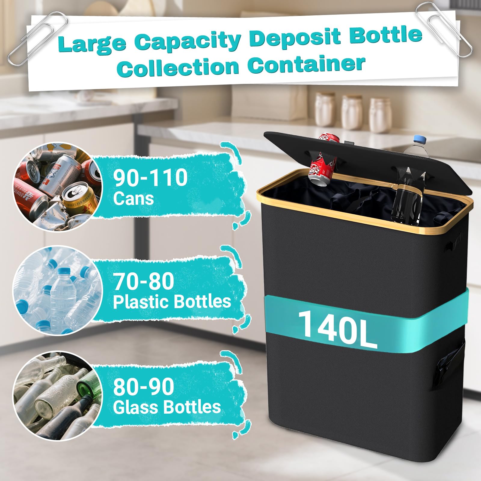 140l Xl Contenedores De Reciclaje Cubos Reciclaje Con 2 Bolsas De Transporte Recolector De Botellas Reutilizable Basura Reciclaje Colector De Botellas Cestos Para La Colada Plegables Cesto Ropa Sucia
