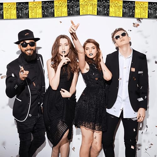 Miniatura 4 de Paquete de 6 guirnaldas de flecos de papel de aluminio negro y dorado de 10 pies, serpentinas metálicas de oropel, pancarta, cortina colgante de