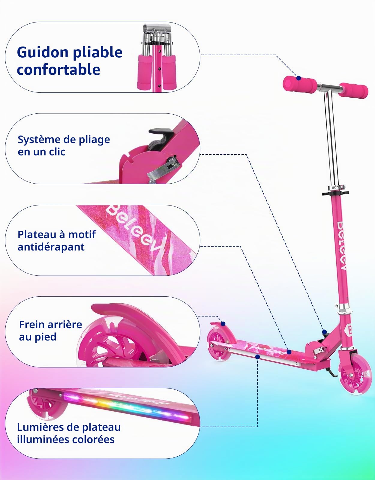 BELEEV V1Plus Trottinette Enfant 3 à 12 Ans, Pliable Trotinette à 2 Roues | LED Lumineuses, Deck, 3 Réglables en Hauteur, Plateau Antidérapant,Trottinette avec Support pour Filles et Garçons, Scooter