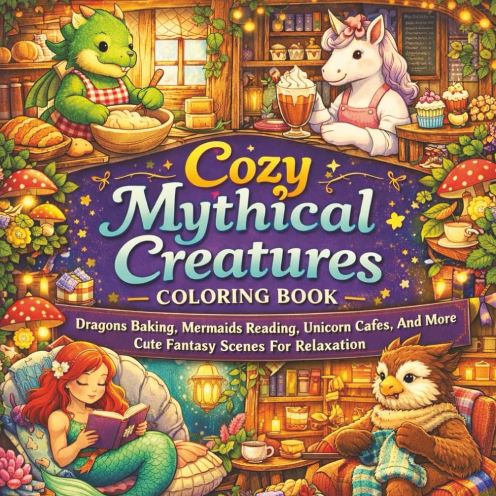 Cozy Mythical Creatures Coloring Book: Dragons Baking, Mermaids Reading, Unicorn Cafes, And More Cute Fantasy Scenes For Relaxation