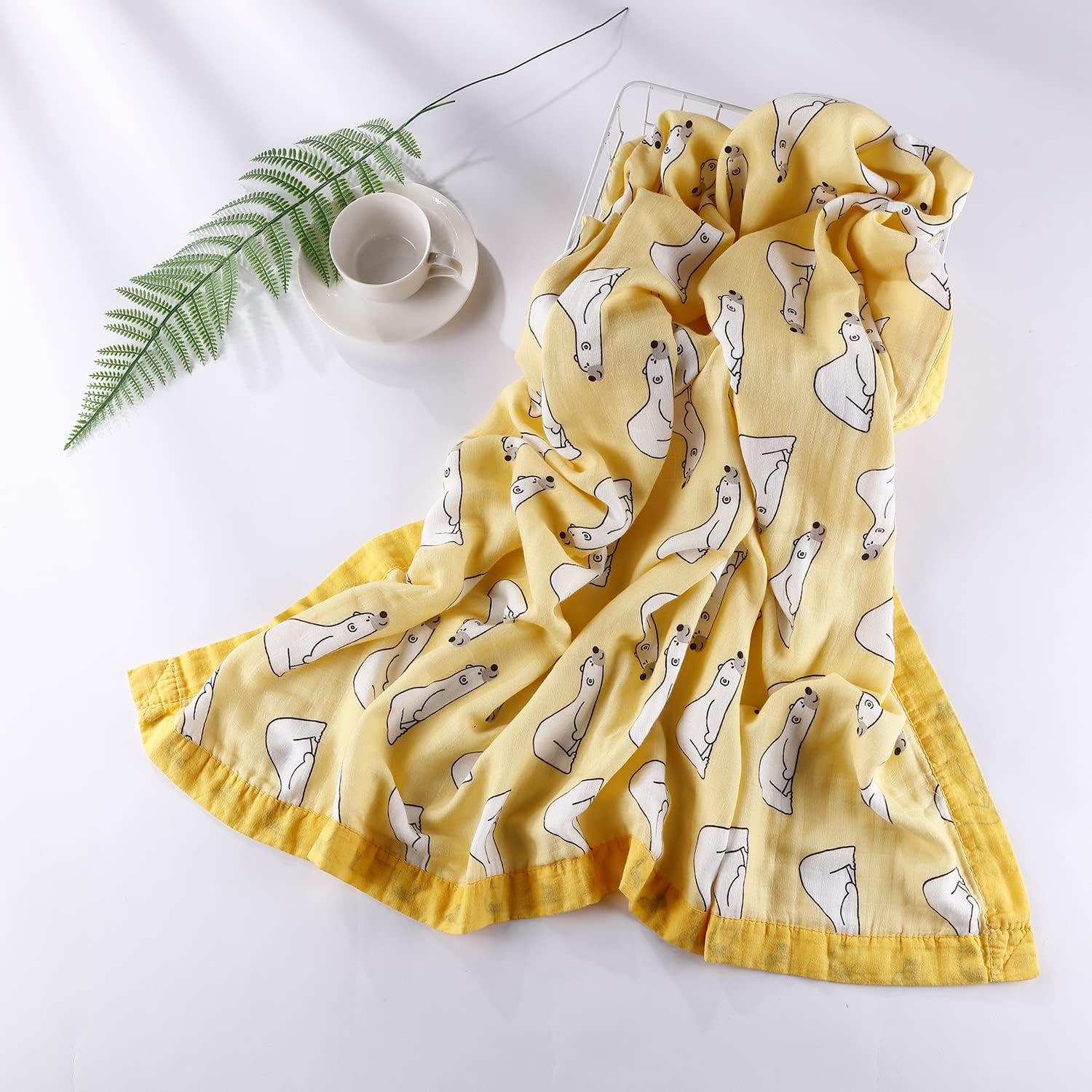 Muslin Soft Swaddle Blanket Quilt, Baby Blankets for Boy Girl Toddler Daycare, 4 Layers Swaddle Wrap, Size 43x45 Inches, Bear Yellow