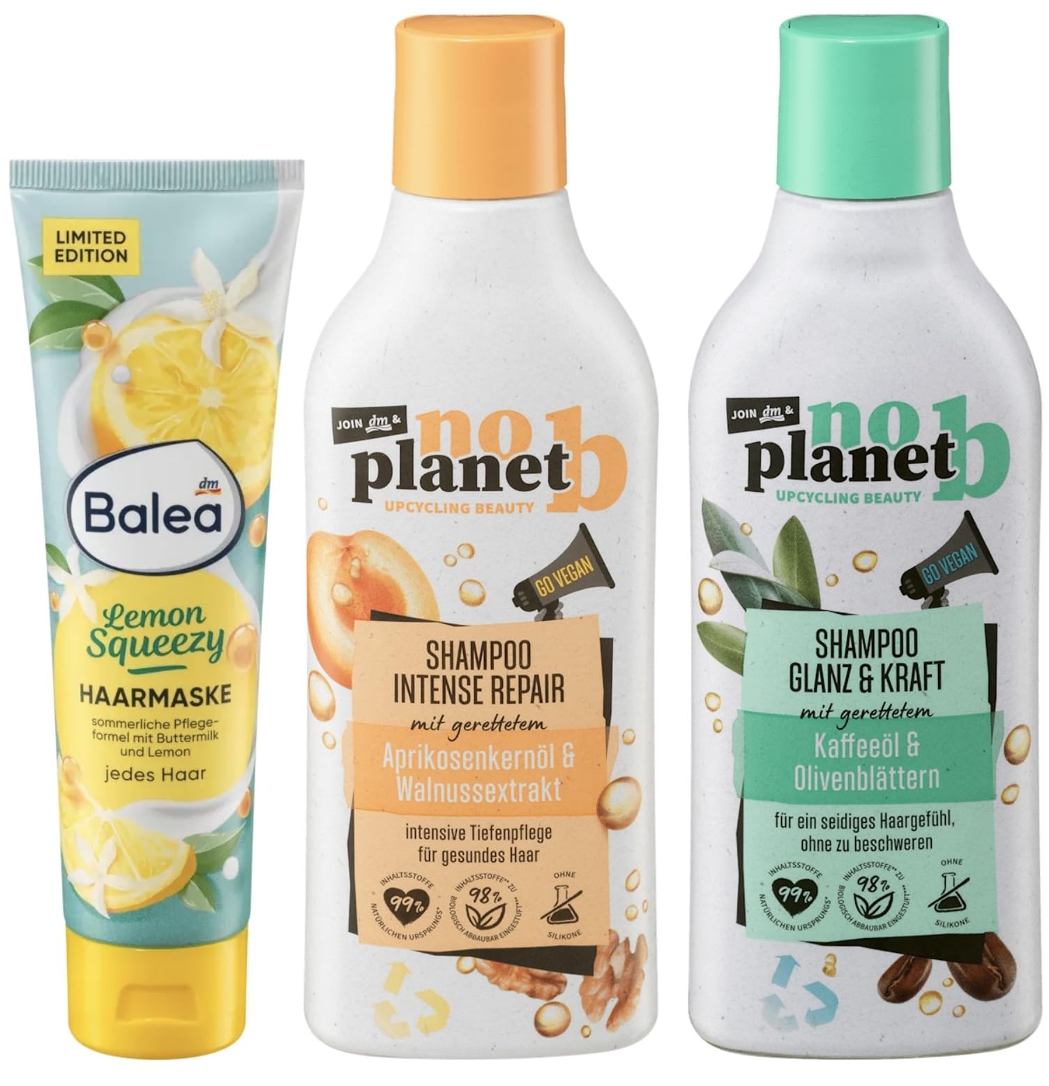 Balea x no planet b 3er-Set Haarpflege: Sommer-Haarmaske Lemon Squeezy, 100 ml + Shampoo Intense Repair Tiefenpflege mit Aprikosenkernöl, 300 ml + Shampoo Glanz & Kraft mit Kaffeeöl, 300 ml, (700 ml)