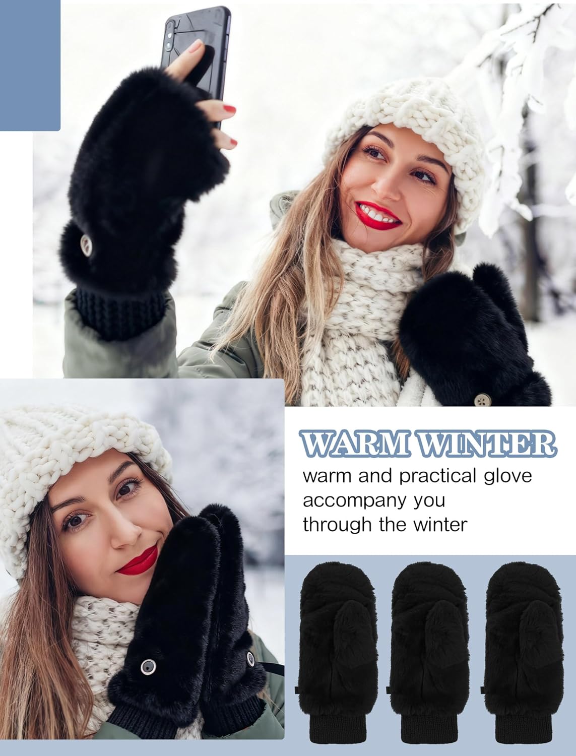 SATINIOR Faux Fur Mittens Fingerless Gloves Convertible Gloves Fluffy Winter Warm Soft Half Finger Fuzzy for Women - Image 4