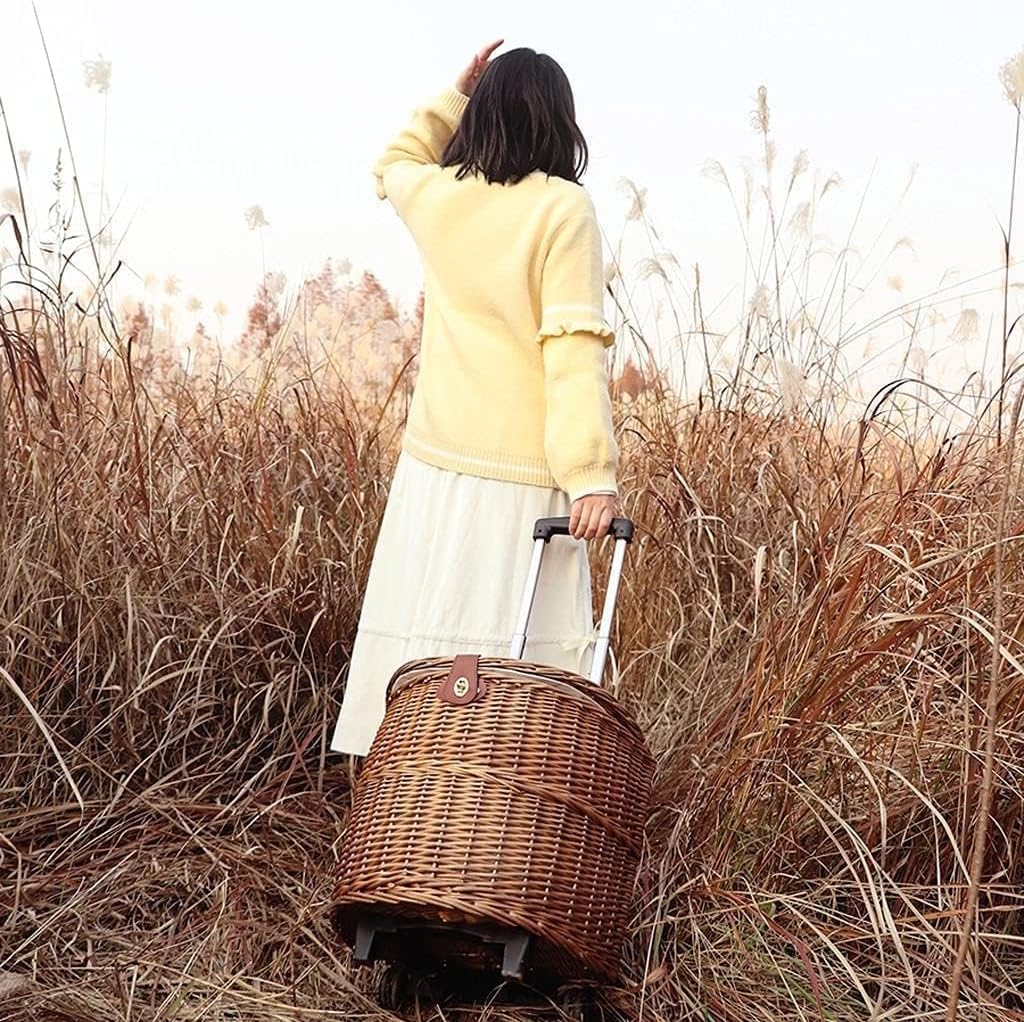 Outdoor Camping Picnic Basket Multifunctional Pull Rod Rattan Roller Basket with Tableware for Convenient Picnics