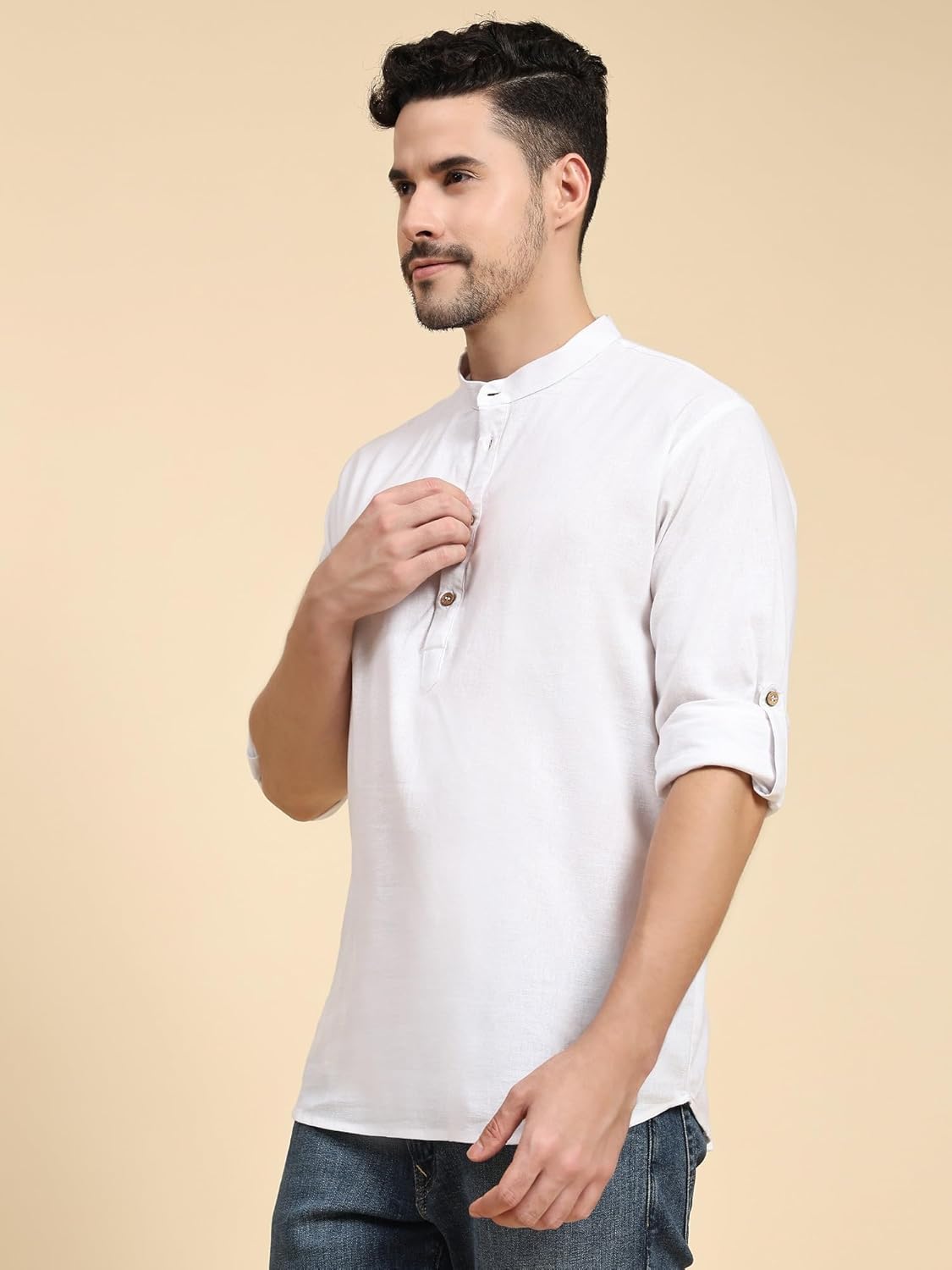 SKAVIJ Men’s Cotton Linen Kurta Shirt – Long Sleeve Henley with Mandarin Collar Roll-Up Sleeves Casual Ethnic Tunic Top - Image 5