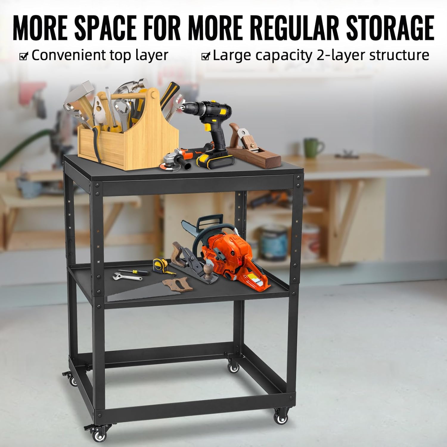 Tool Stand With Wheels, Casters & Melamine Wooden Table Top, Power Tool Stand For Miter Saw, Drill Press, Belt Sander, Bench Grinder, Band Saw, Scroll Saw, Planer
