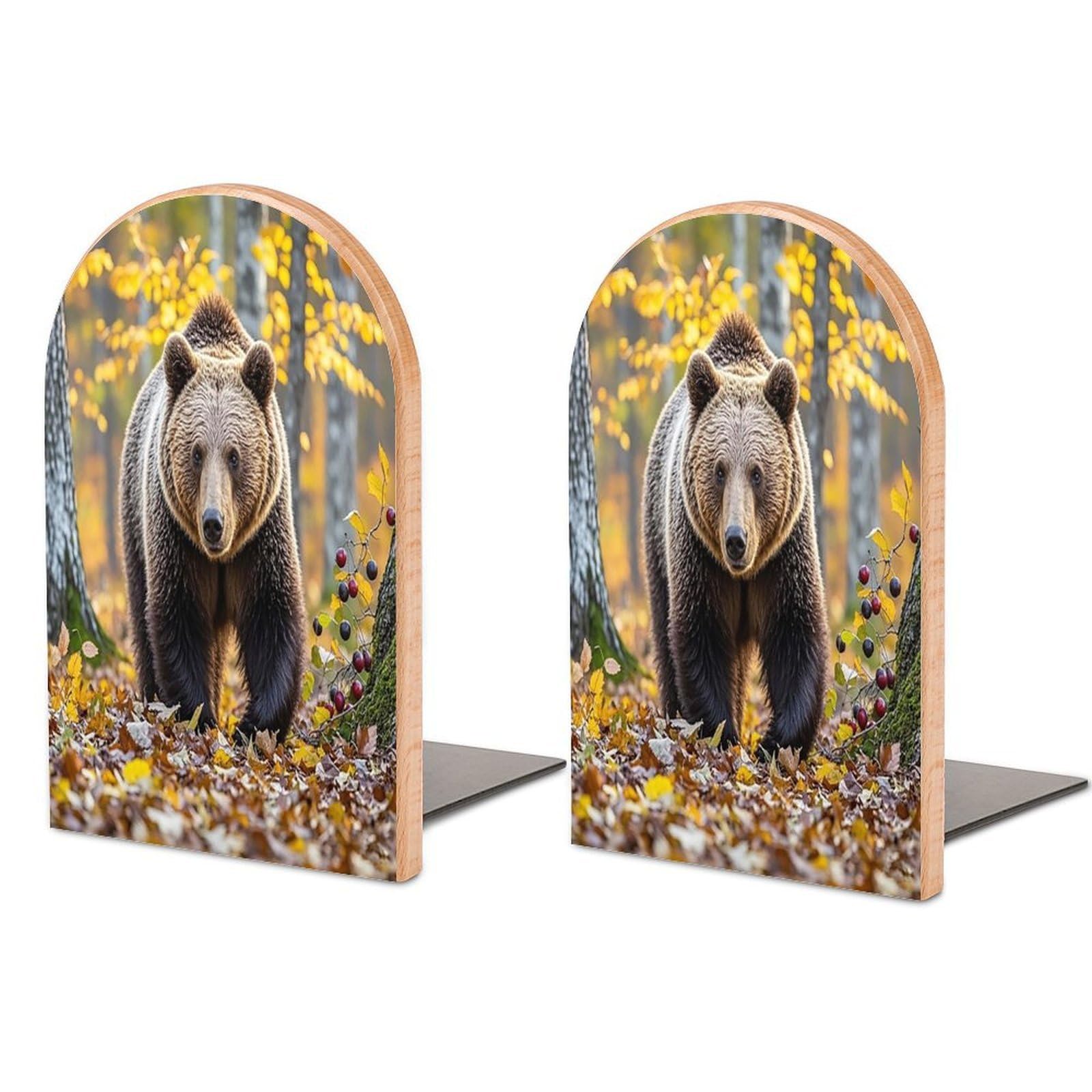 Brown Bear in Autumn Bookend for Shelves Unique Book End Sturdy Books Holder Heavy Duty Wooden Bookends Support Non-Slip Book Organizers Decorative Modern Bookend Holder for Home