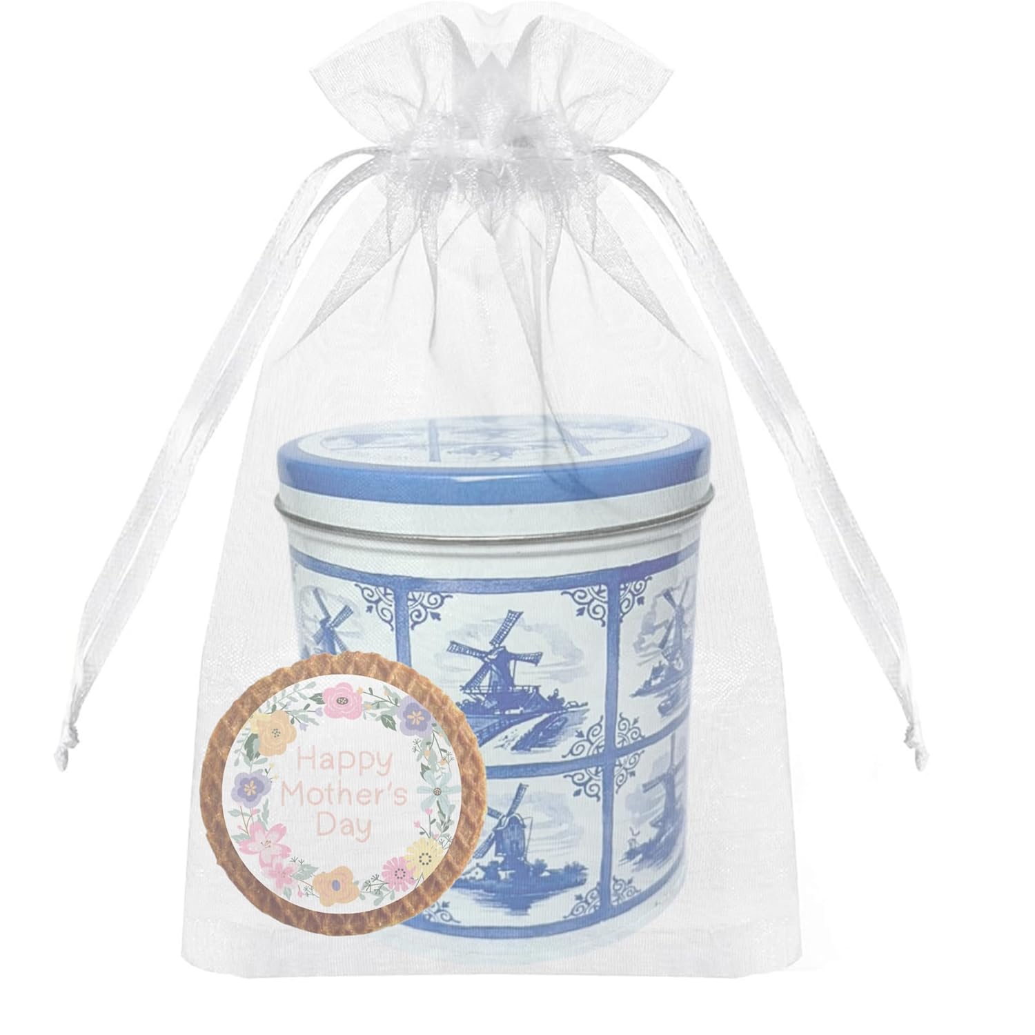 DeReuze Dutch Stroopwafel Gift Set – Authentic Caramel Waffle Cookies in Blue Tile Delft Style Holland Tin – Includes Gift Message: Happy Birthday, Thank You, Get Well for Coffee & Tea Lovers (Mother's Day)