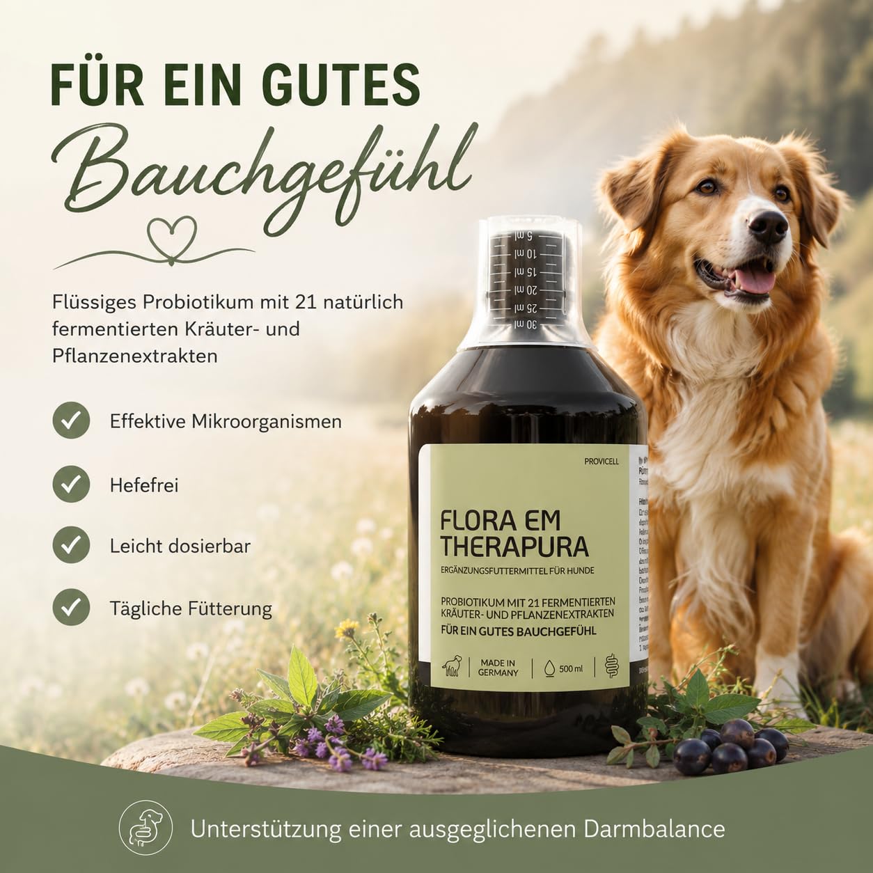 Flora EM Therapura Probiotikum für Hunde 500ml flüssig – Darmflora Aufbau mit 21 fermentierten Kräutern, Mikroorganismen & Pflanzenextrakten – Natürliche Verdauung Hund - Made in Germany