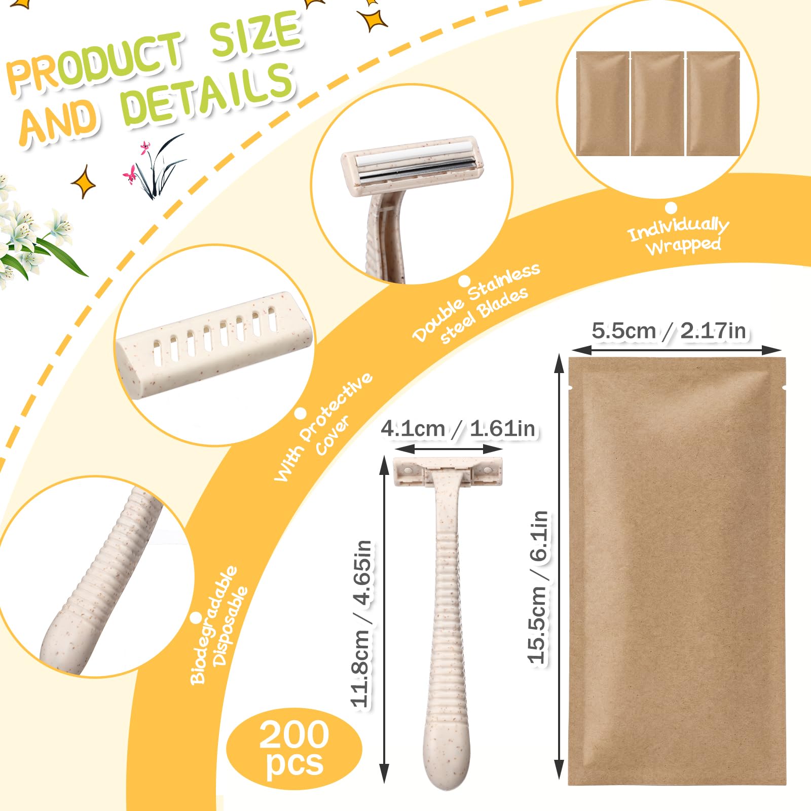 LemonRoad Individually Wrapped Biodegradable Disposable Razors, Wheat Straw Handle