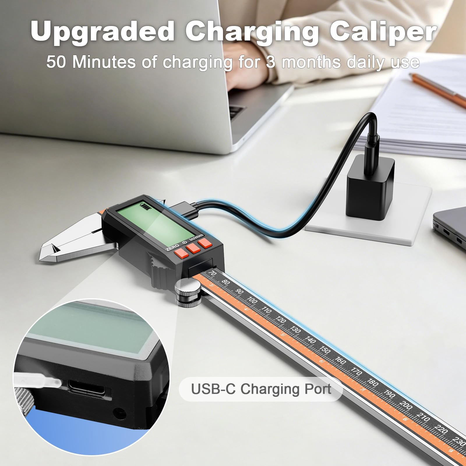 Preciva Calibre Digital 300mm Recargable USB-C, Pie de Rey Electrónico de Acero Inoxidable con Pantalla LCD, Medición 0-12" / 0-300 mm Alta Precisión para Interior, Exterior y Profundidad