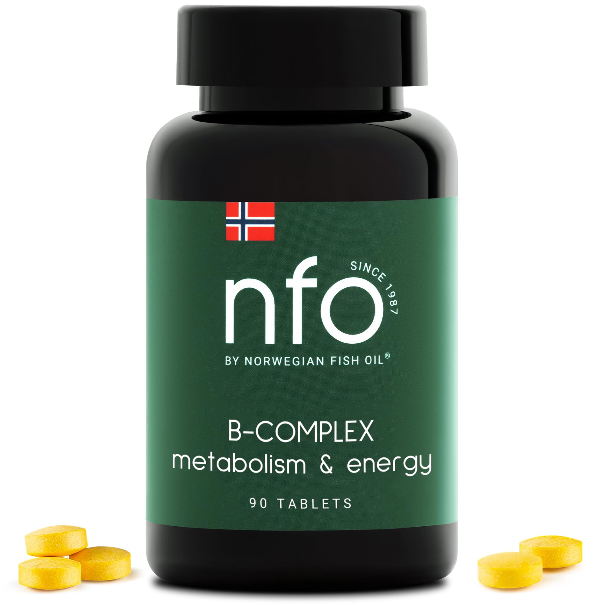 NFO Vitamin B Complex [90 Tablets] Norwegian Natural High-Dose Complex of Multivitamins of Group B in an Easily Accessible Form: B1, B2, B3, B5, B6, B9, B12 for Men and Women Made in Norway