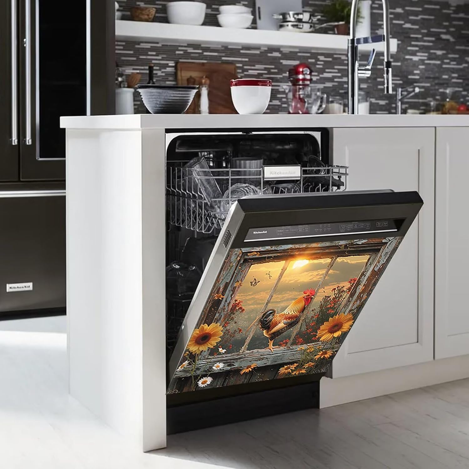 Farm Chicken Dishwasher Cover, Country Sunset Dishwasher Magnet, Magnetic Refrigerator Cover, Rooster Sticker Appliance Wrap, 23 W x 17 H inch