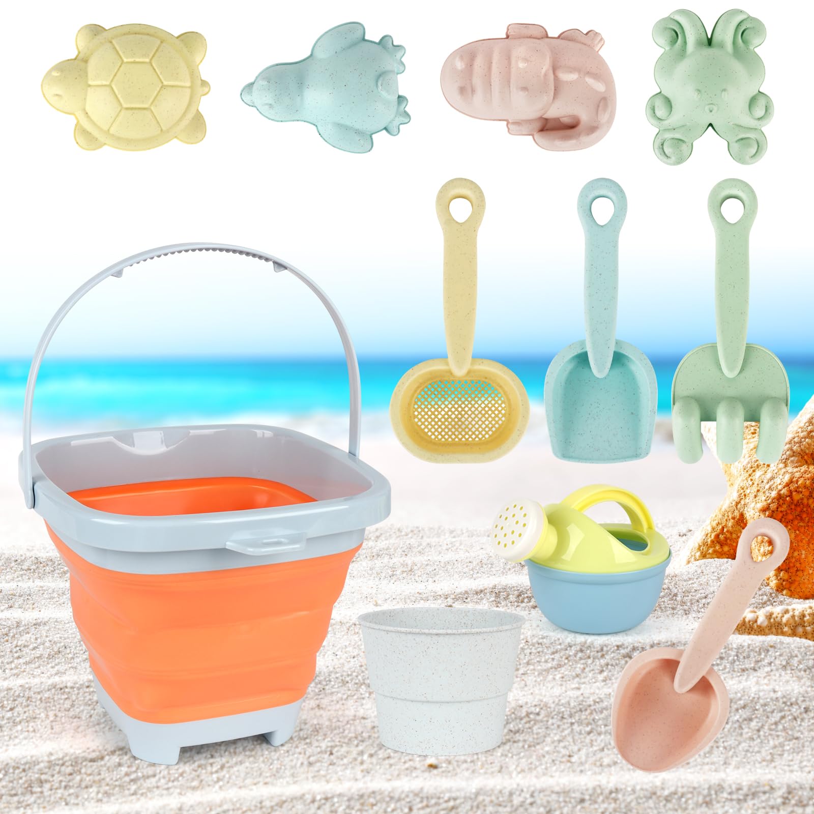 Hojalis Juguetes de Playa para Niños, 11 Pcs Juguetes Playa con Cubo Playa Plegable, Cubo de Playa para Niños, Juguetes Arena, Juguetes Playa Bebes 1 Año, Cubo Playa Niños para Niño Niña