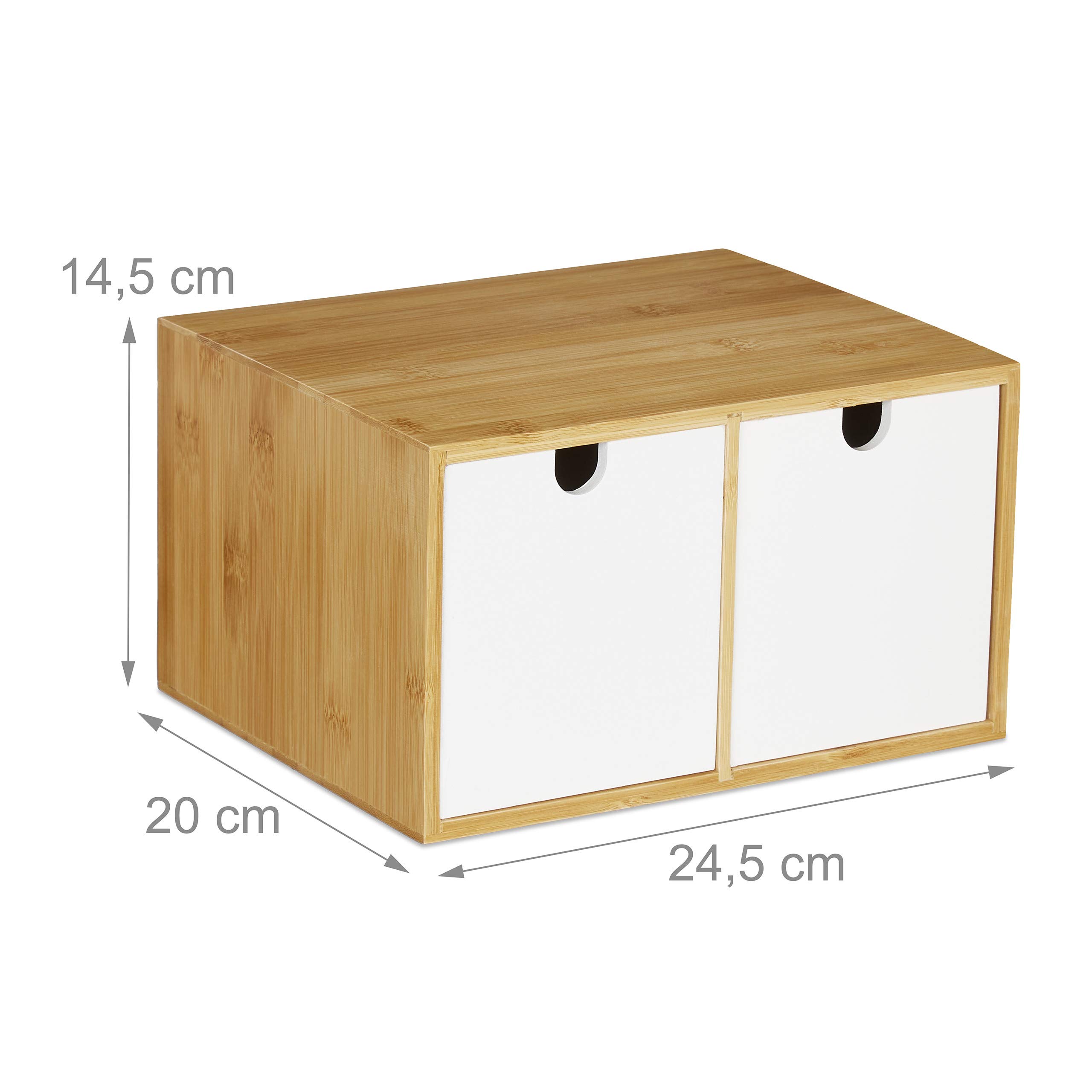 Relaxdays Organiseur de Bureau 2 tiroirs Bambou MDF Rangement 14,5 x 24,5 x 20 cm Blanc
