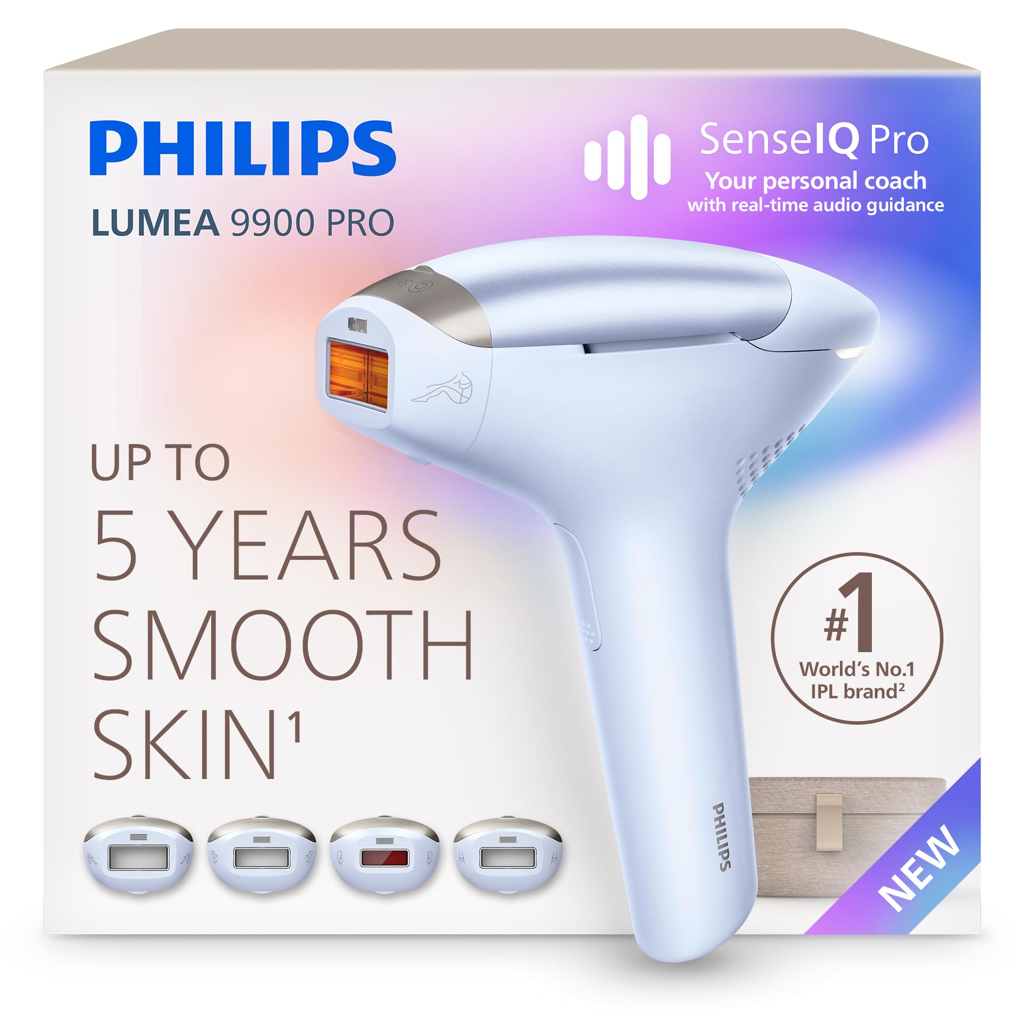 Philips Lumea 9900 Pro IPL Hair Removal Device - Long-Lasting Salon-Like Laser Hair Removal Alternative, Easy Home Use, Medical Grade Safety, 4 Attachments for Body, Face, Bikini & Armpits, BRC243/02