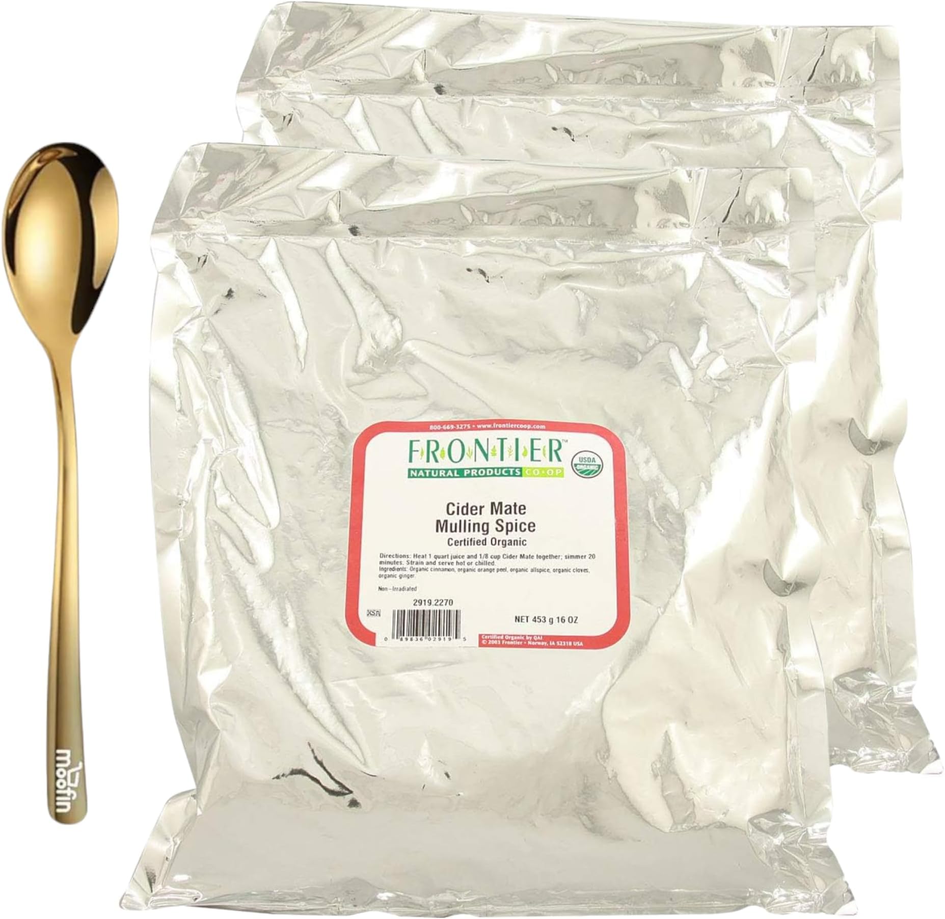 moofin Frontier Co-Op Organic Cider Mate Mulling Spices 1Lb Spice For Wine Bundled with Golden SS Spoon Golden SS Spoon, For Warm Beverage [Pack of 2]