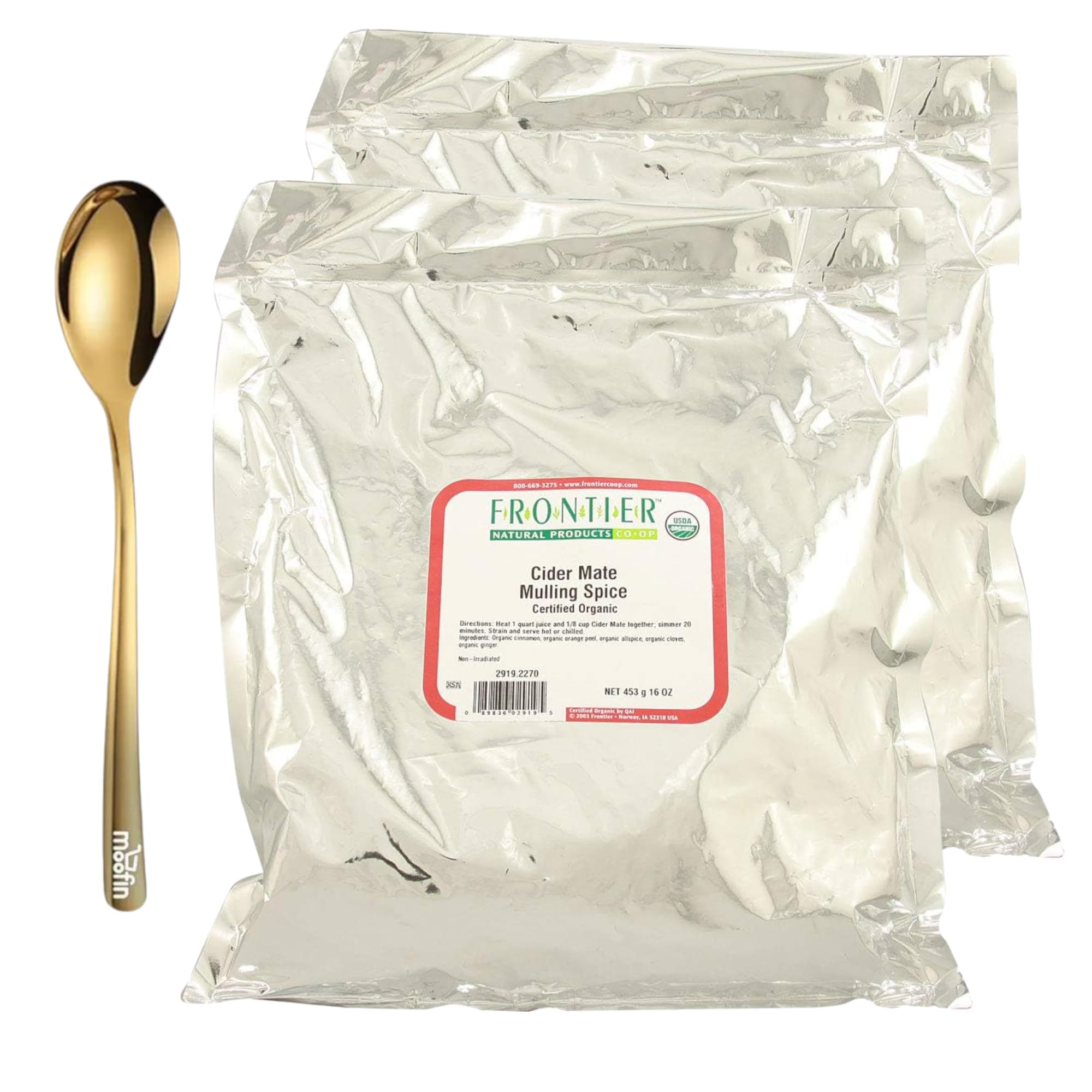 moofin Frontier Co-Op Organic Cider Mate Mulling Spices 1Lb Spice For Wine Bundled with Golden SS Spoon Golden SS Spoon, For Warm Beverage [Pack of 2]