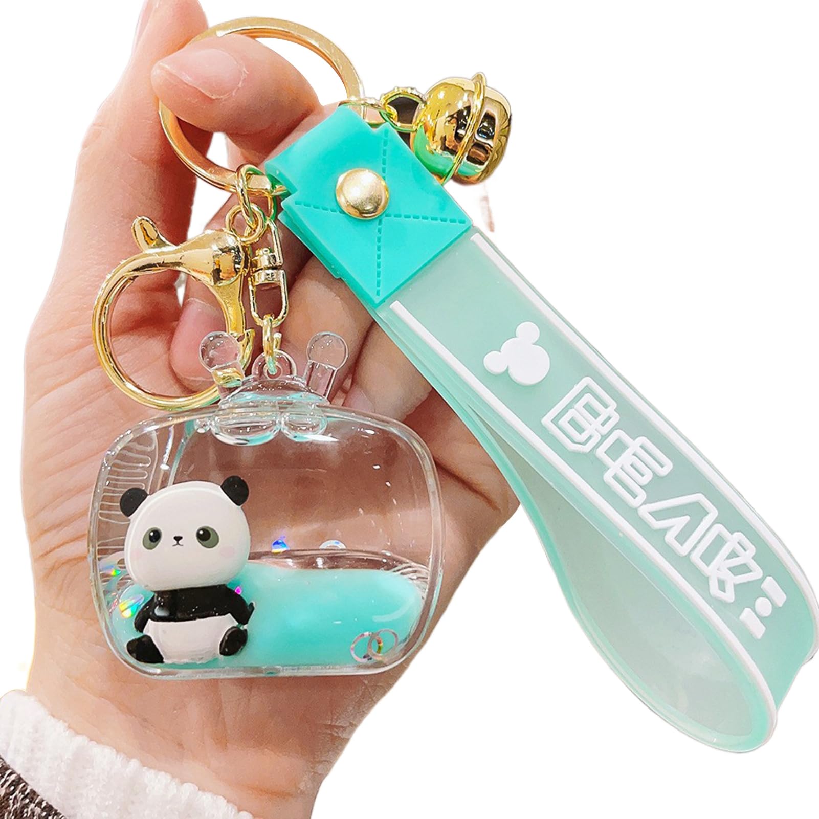 Wilitto Green Panda Pendant House Keys Keychain Clear Acrylic Quicksand Bell Decor Keyring With Lanyard Doll Handbag