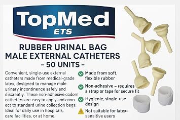 50 Rubber Urinal Bag Male External Catheter Single use 50 Count with a Foam Strip for Tightening 2 Count (Large 30 mm 1.2 Inch)