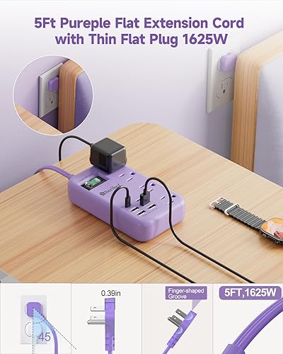 Miniatura 4 de Tira de alimentación de viaje morada, 6 USB (2 USB C), cable de extensión lavanda de 5 pies con estación de carga USB de 24 W y 4 tomacorrientes,